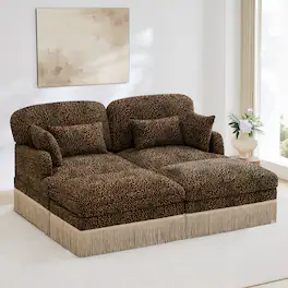 Anysun - Modular Comfy Leopard Printing Loveseat with Exquisite Tassel Trimmings and 2 Movable Ottomans - Brown