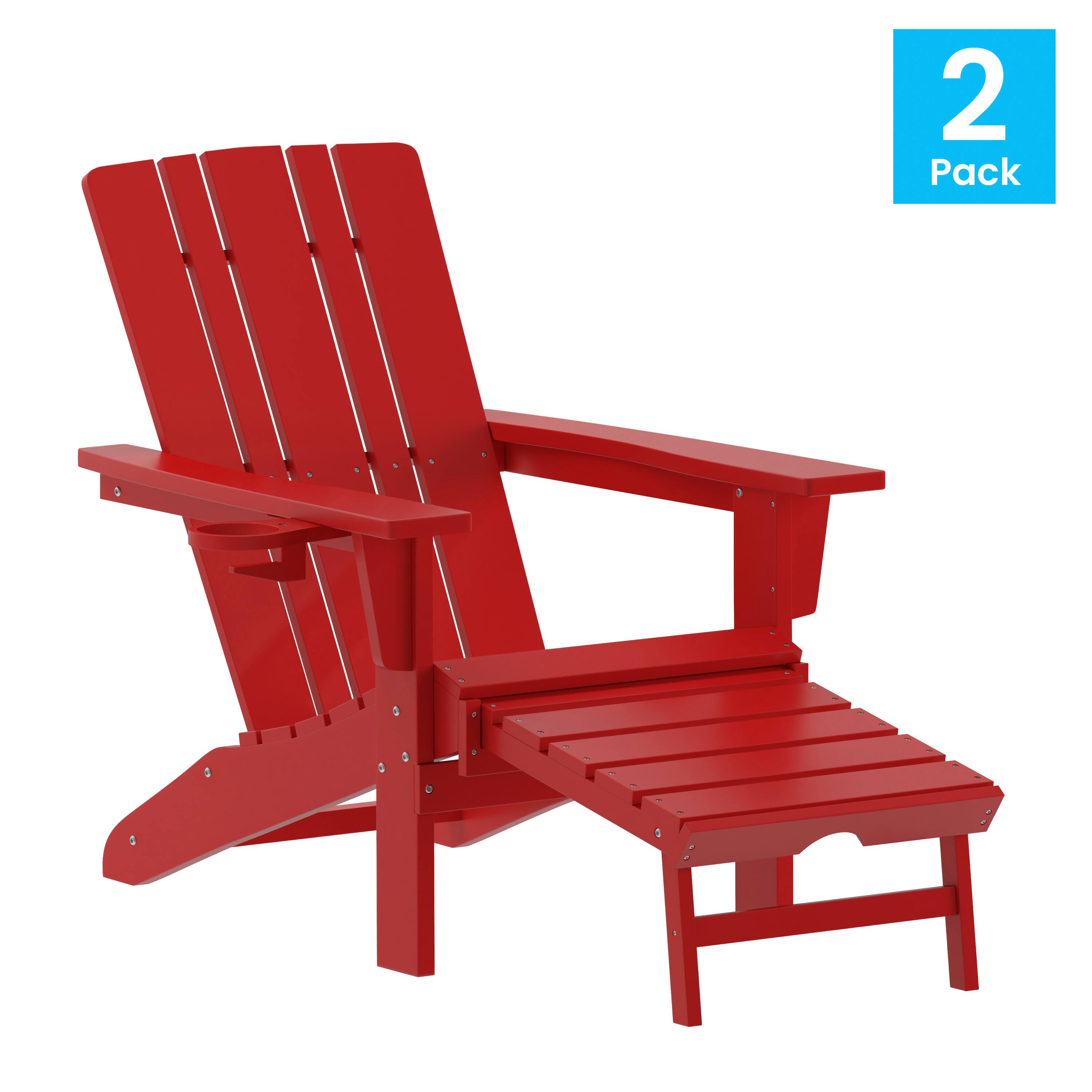 Alt View 1. Emma + Oliver - Haley Set of 2 Adirondack Chairs with Cup Holders and Pull Out Ottoman, All-Weather HDPE Indoor/Outdoor Lounge Chairs - Red.