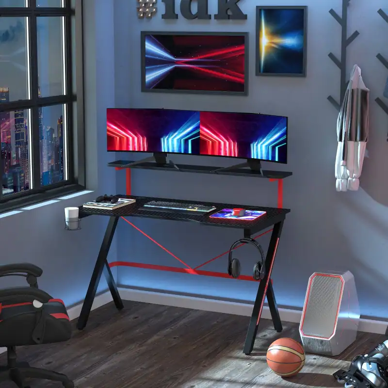 Anysun 47 Inch Gaming Desk with Monitor Shelf, Cup Holder & Headphone ...