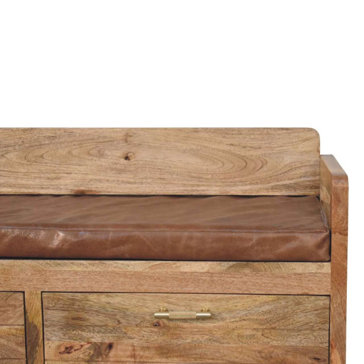 Alt View 1. Artisan Furniture - Artisan Furniture Solid Wood Oakish Storage Bench with Brown Leather Seat, 2 Drawers, Beige - Beige.