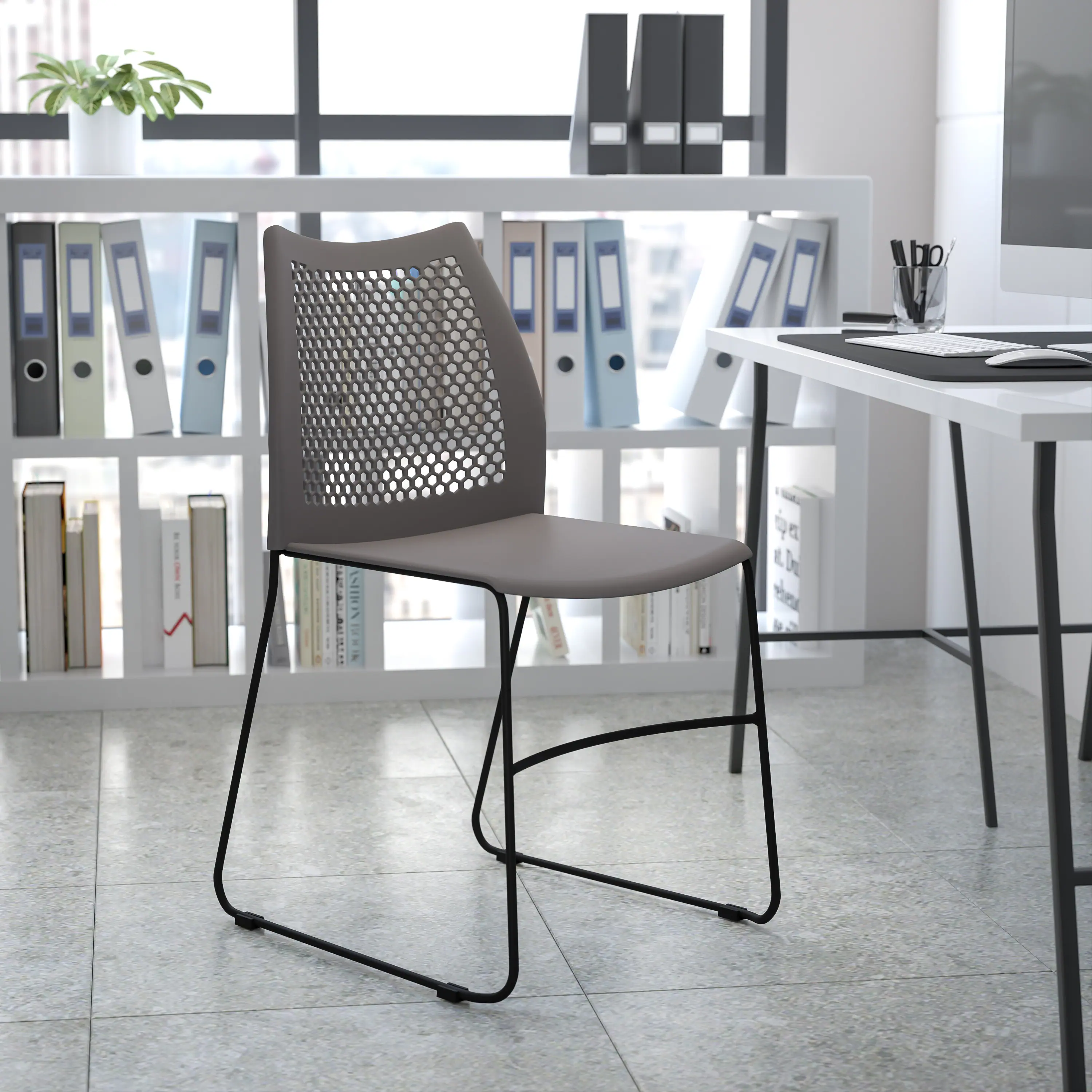 Alt View 1. Emma + Oliver - Home and Office Sled Base Stack Chair with Air-Vent Back - Guest Chair - Gray.