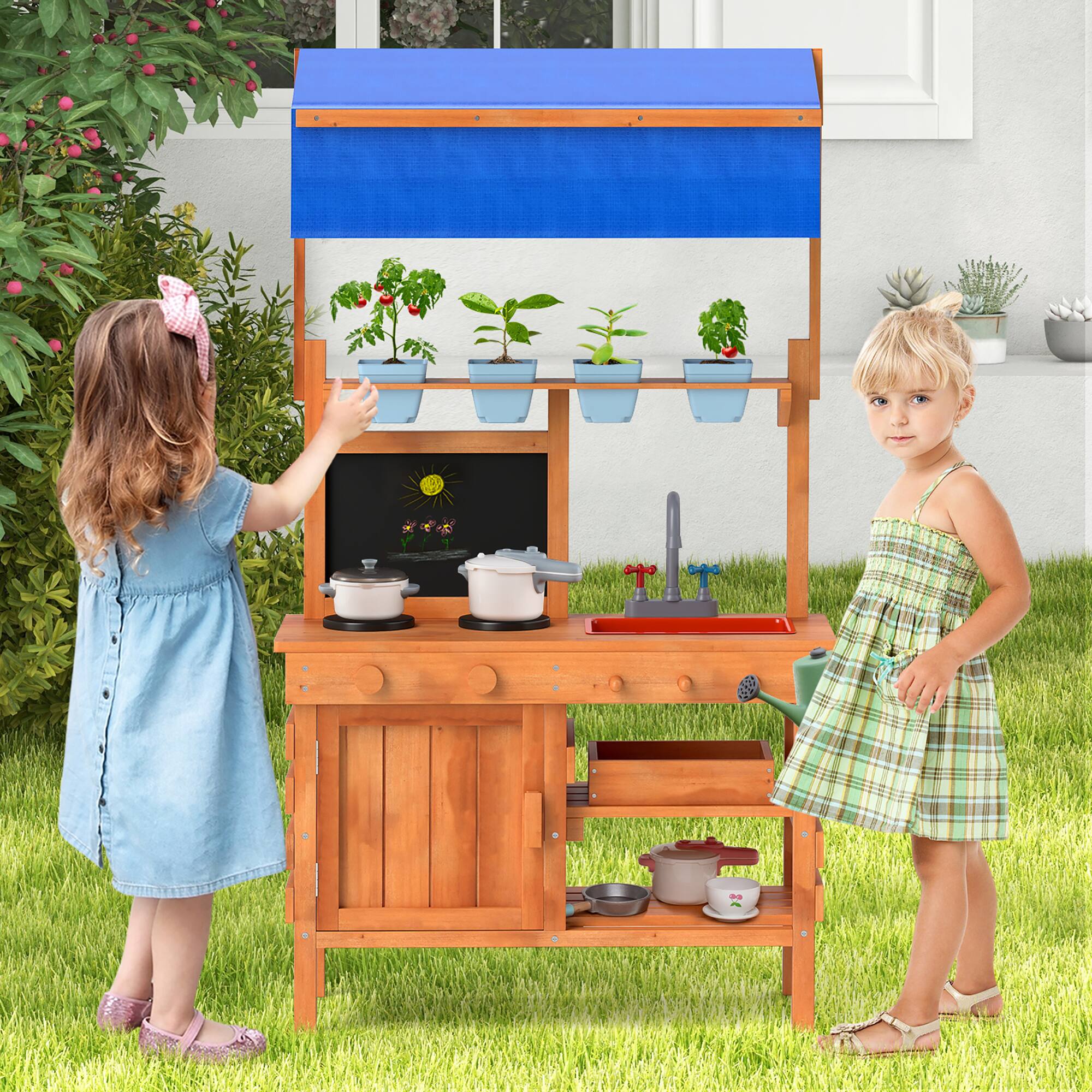 Alt View 1. Gymax - Gymax Mud Kitchen Wooden Pretend Play Kitchen w/ Height Adjustable Canopy - Natural.
