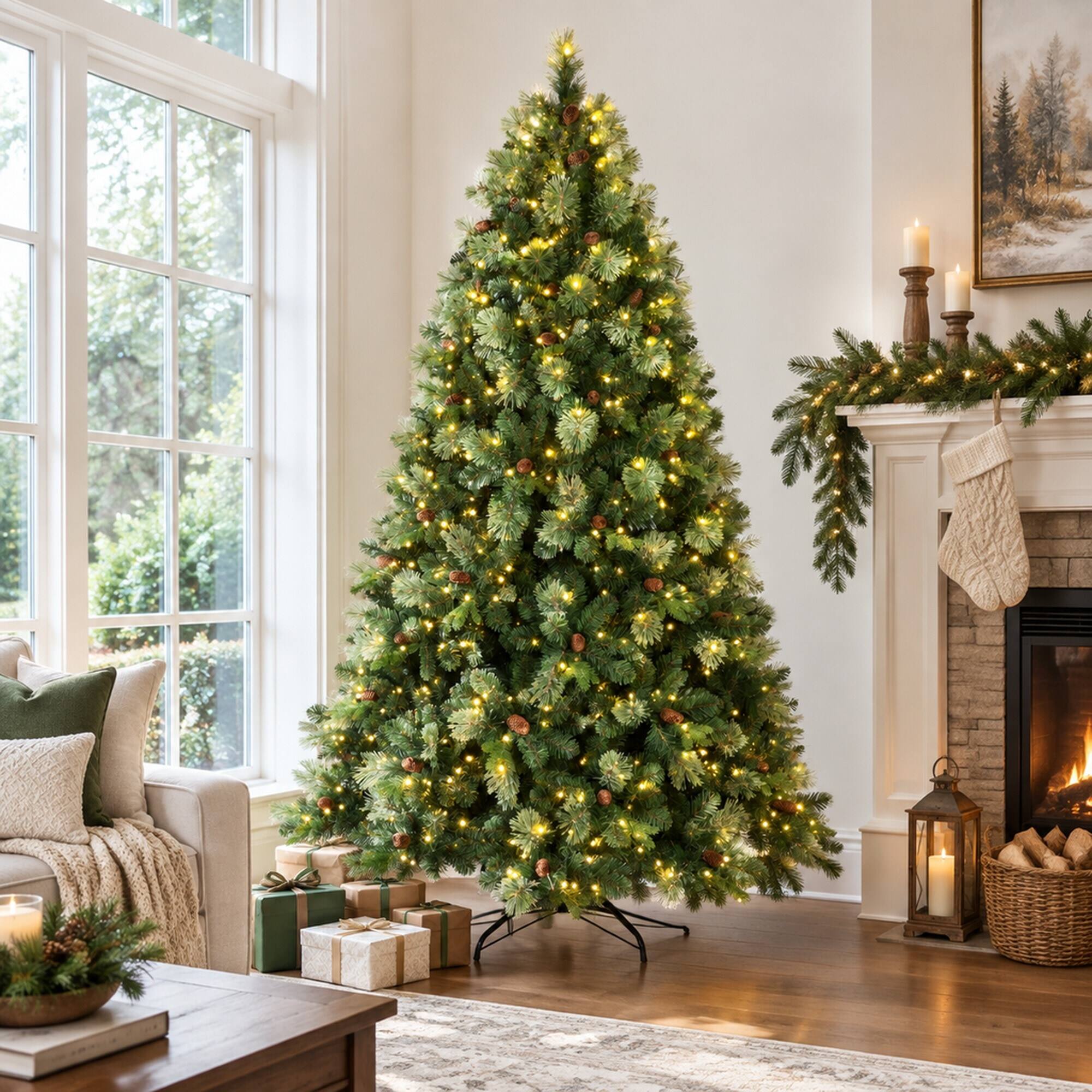 Back. RYHNUYNE - 8FT Pre-Lit Artificial Christmas Tree With 660 Warm White LED Lights and 1897 Tips, Pine Cones and Iron Base - Green.