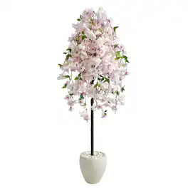BreeBe - 70" Cherry Blossom Artificial Tree in White Planter - Multicolor