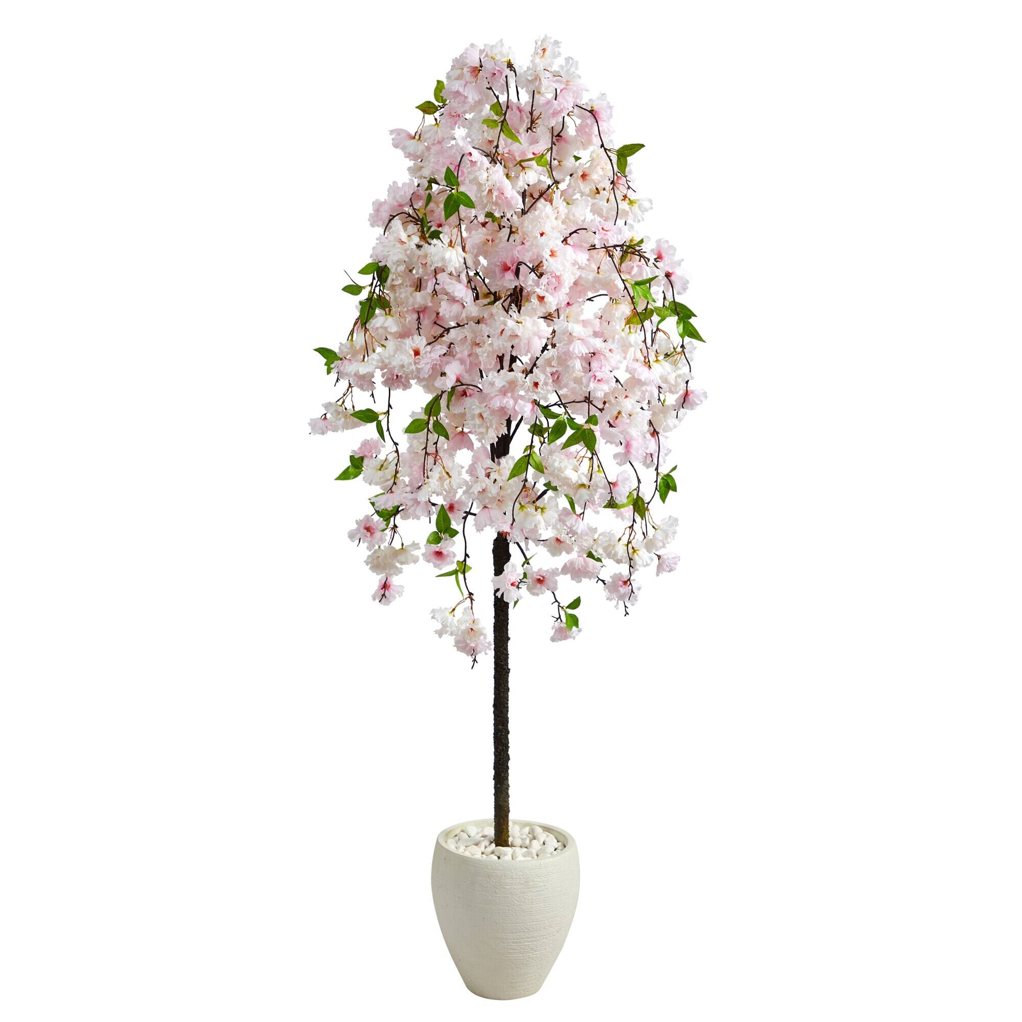 Front. BreeBe - 70" Cherry Blossom Artificial Tree in White Planter - Multicolor.