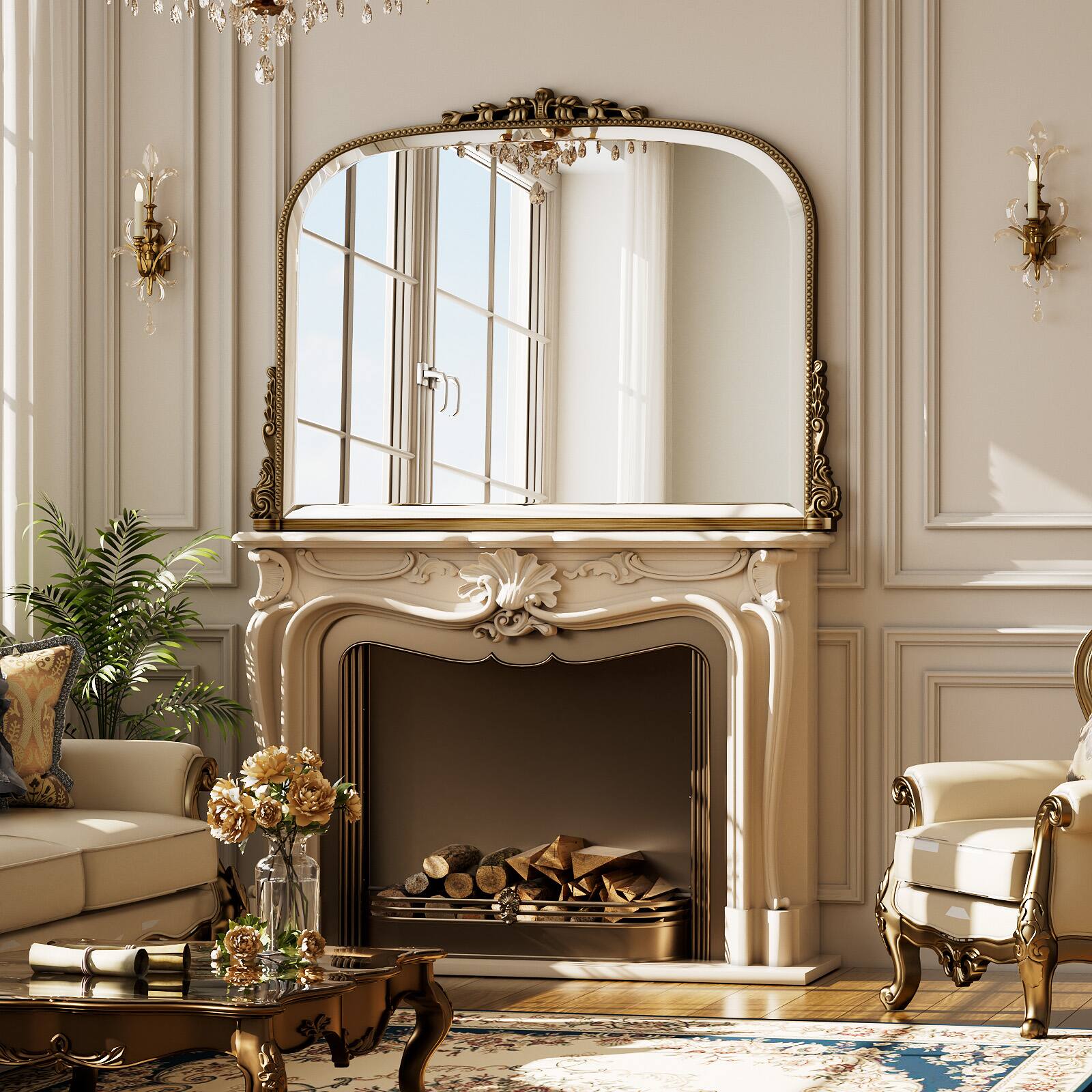 Back. Easly - Antique Bronze 32 in. W x 44 in. H Carved Arched PU Frame Vanity Wall Mirror - Antique Bronze.