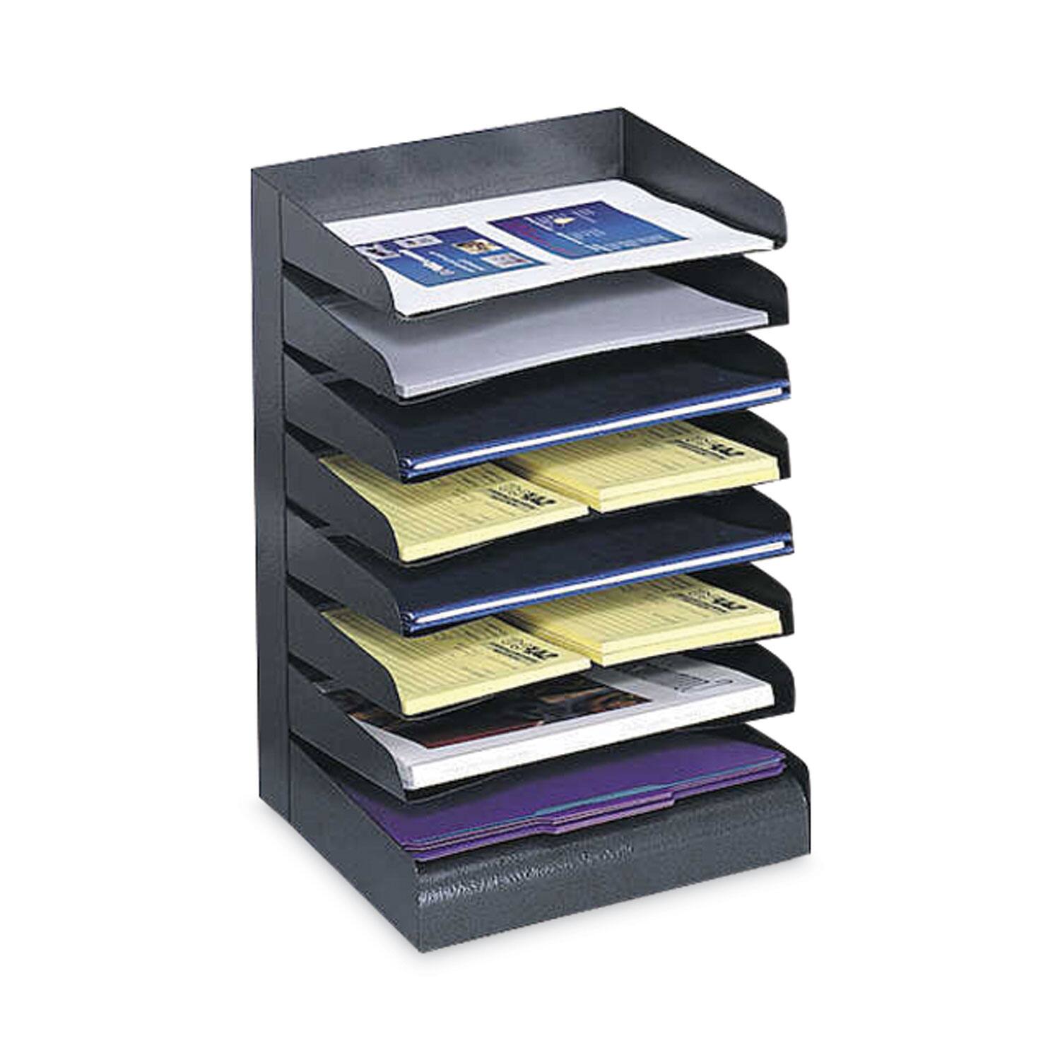 Left. Safco - Safco Slanted Shelves Steel Desk Tray Sorter 8 Tier Desktop Durable Powder Coated Black Steel - Black.