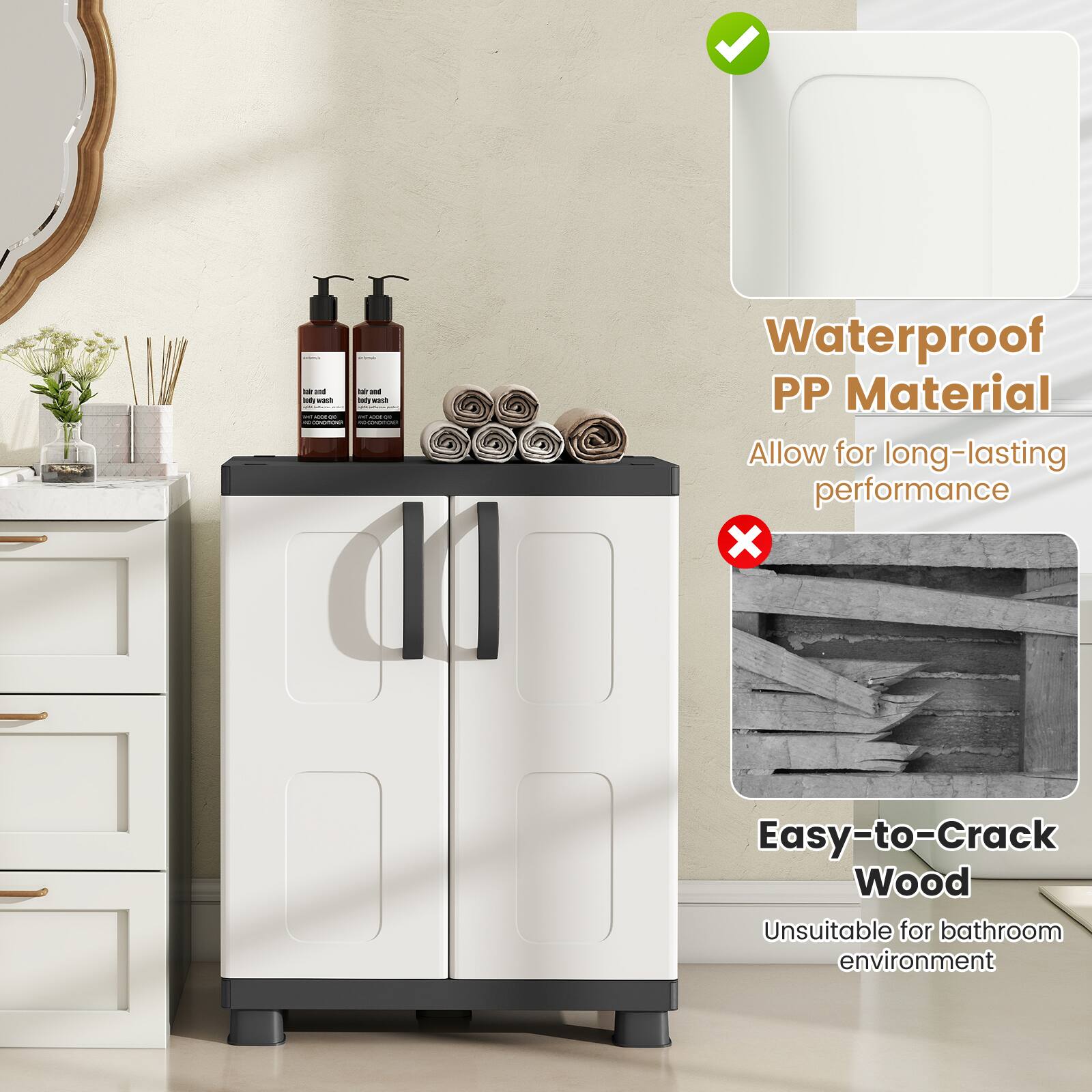 - Waterproof PP Material
  - Allow for long-lasting performance

- Easy-to-Crack Wood
  - Unsuitable for bathroom environment