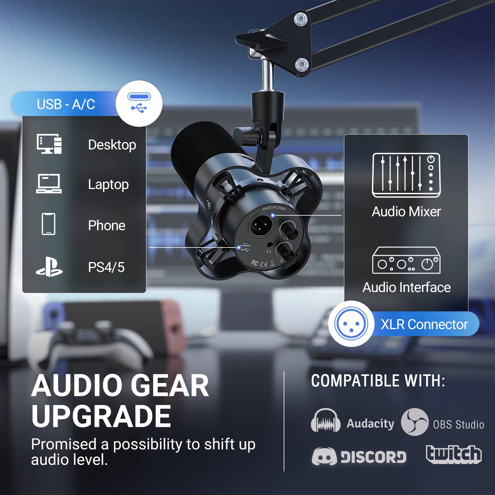 USB - A/C  
Desktop  
Laptop  
Phone  
PS4/5  

Audio Mixer  
Audio Interface  
XLR Connector  

AUDIO GEAR UPGRADE  
Promised a possibility to shift up audio level.  

COMPATIBLE WITH:  
Audacity  
OBS Studio  
DISCORD  
twitch