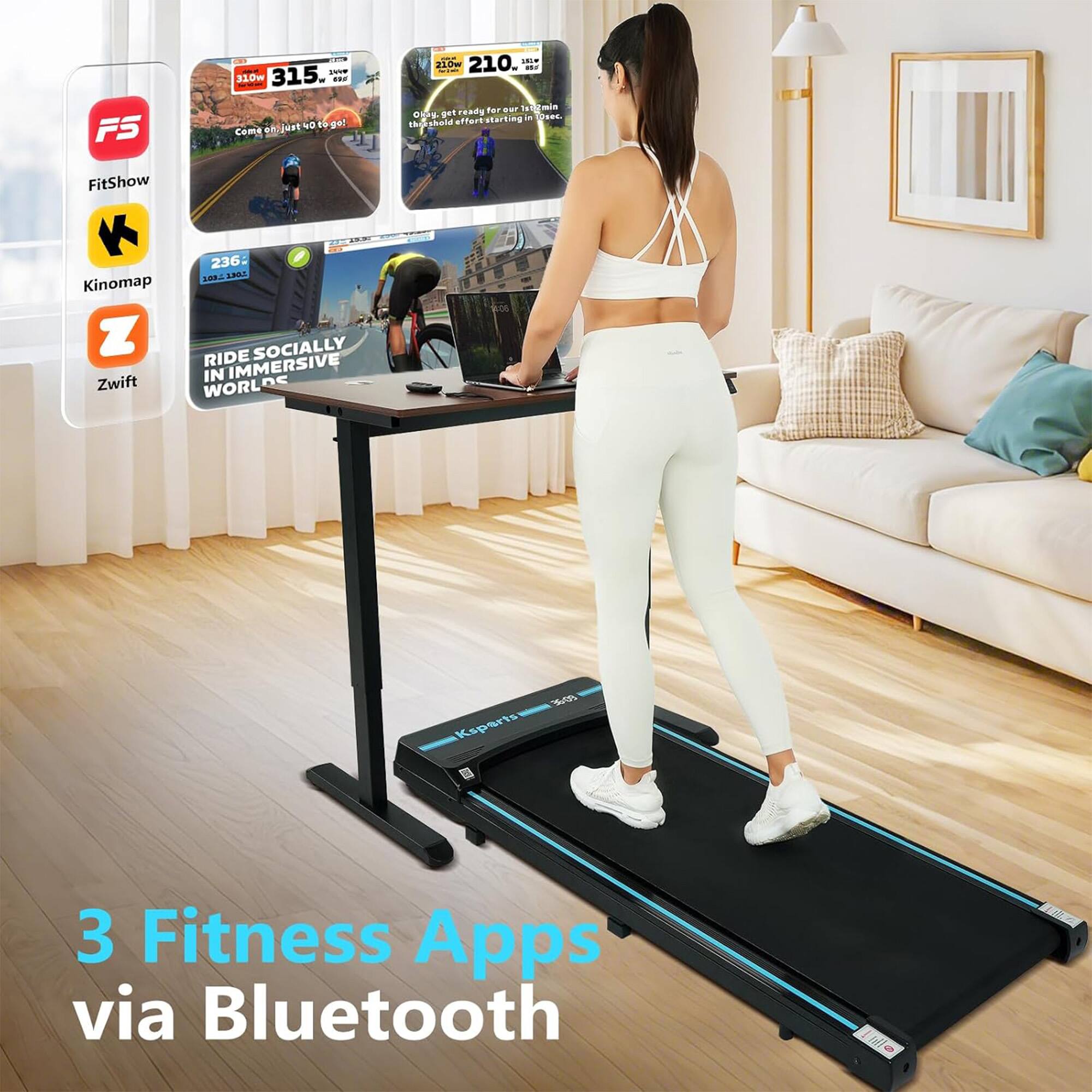 F5 - 31.0w 315.0w  
Come on, just go!  
210m  
210.0w  
Only get ready for your first threshold effort starting in  
236.0w  
RIDE SOCIALLY IMMERSIVE WORLDS  
3 Fitness Apps via Bluetooth  

FitShow  
Kinomap  
Zwift  

3 Fitness Apps via Bluetooth