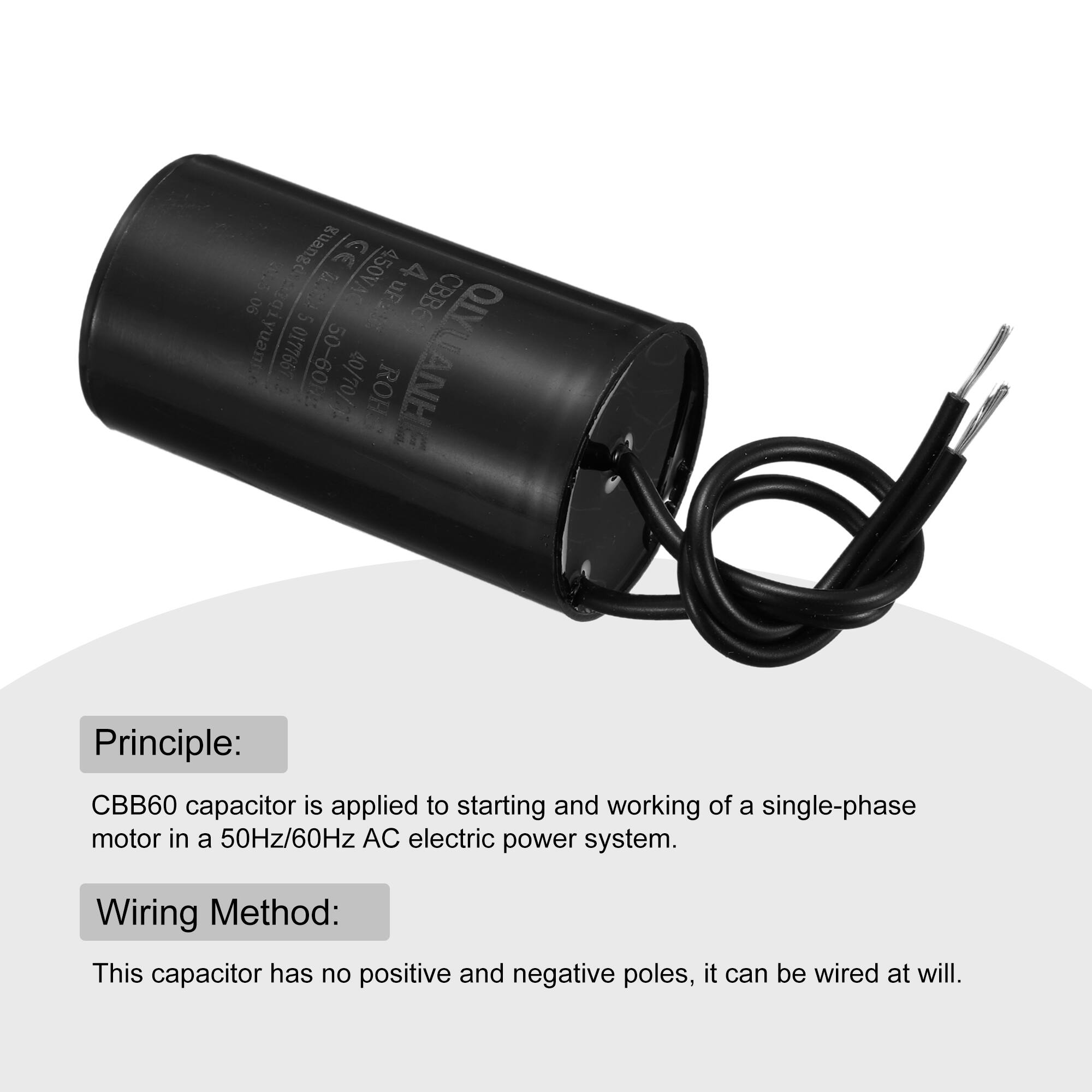 guange 450VA 4 0s 20 CBBC 06 gi 5 uP2 yuan 017766 50-60 QIYUANH 40/70/ ROH ANH

Principle: CBB60 capacitor is applied to starting and working of a single-phase motor in a 50Hz/60Hz AC electric power system.

Wiring Method: This capacitor has no positive and negative poles, it can be wired at will.
