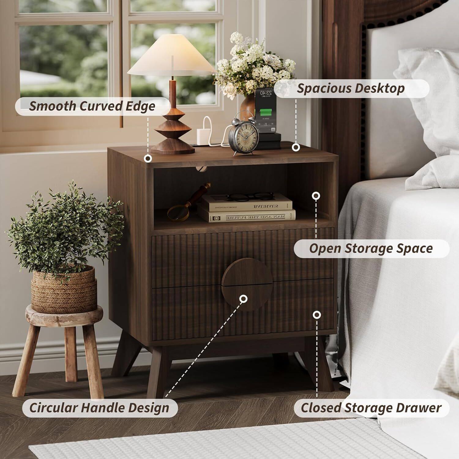 - Smooth Curved Edge
- Spacious Desktop
- Circular Handle Design
- Open Storage Space
- Closed Storage Drawer