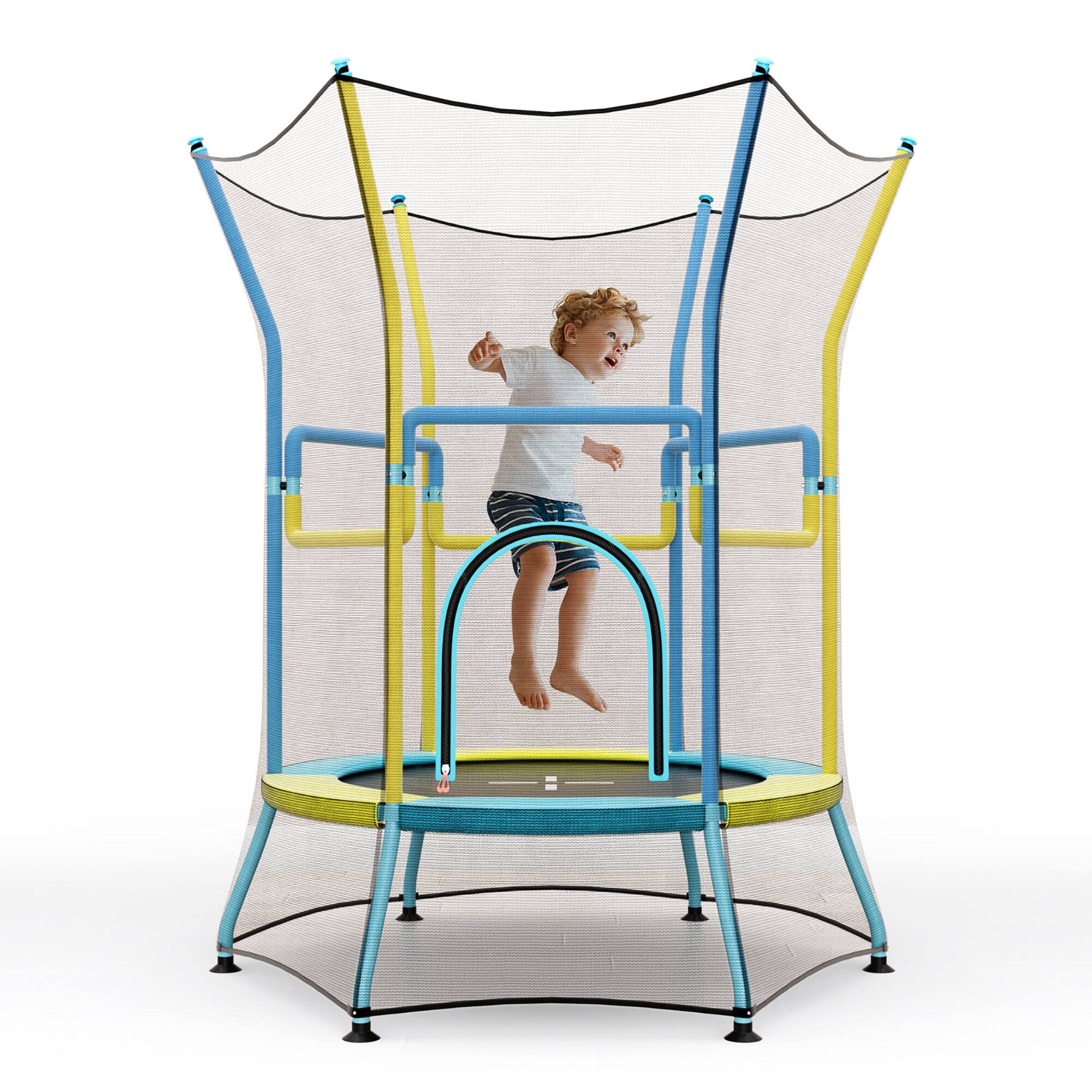 Front. Gymax - Gymax Kids Mini Trampoline w/ 59'' Higher Enclosure Net Seamless Jumping Mat Zipper Door Yellow & Blue - Yellow, Blue.