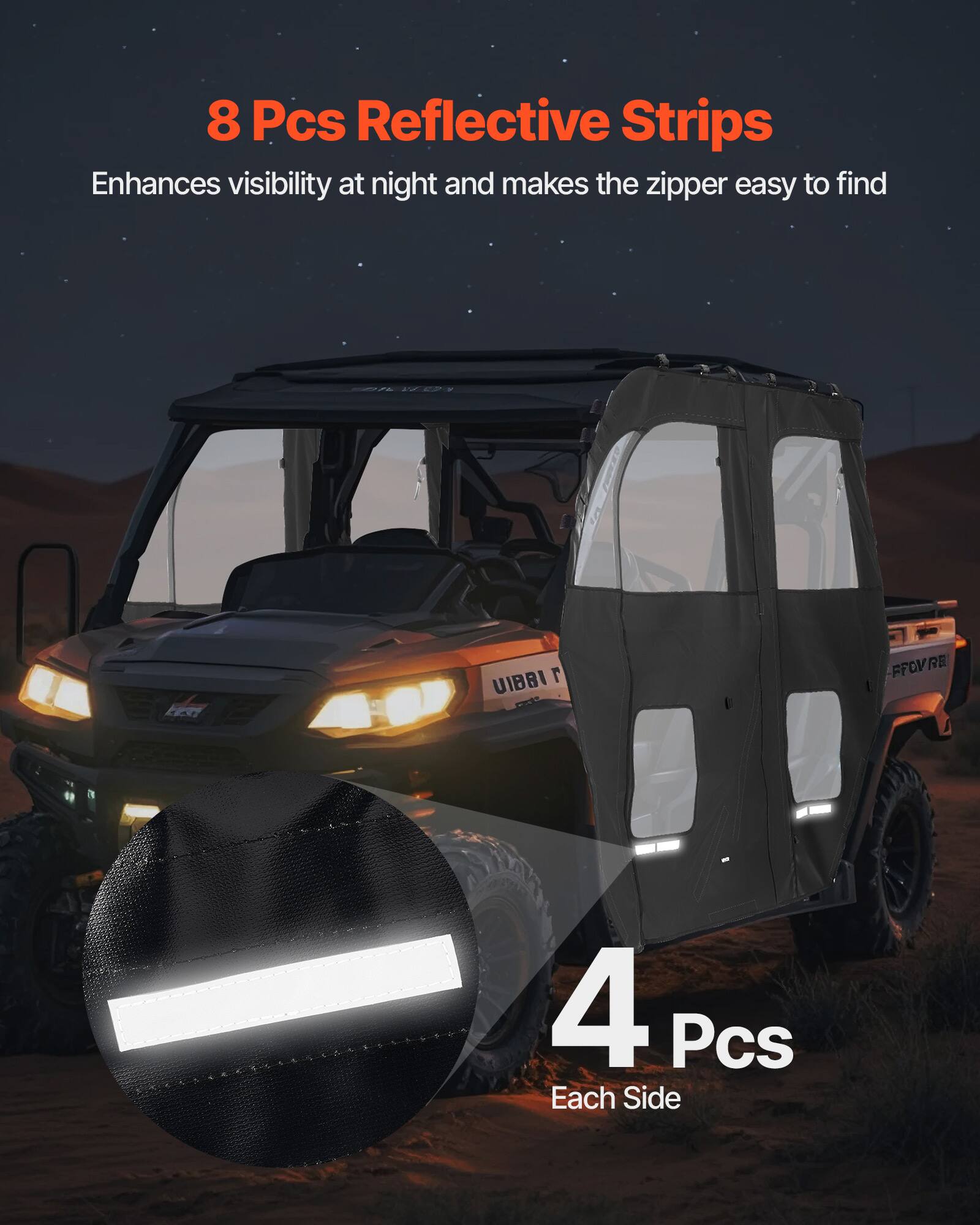 8 Pcs Reflective Strips Enhances visibility at night and makes the zipper easy to find  
4 Pcs Each Side
