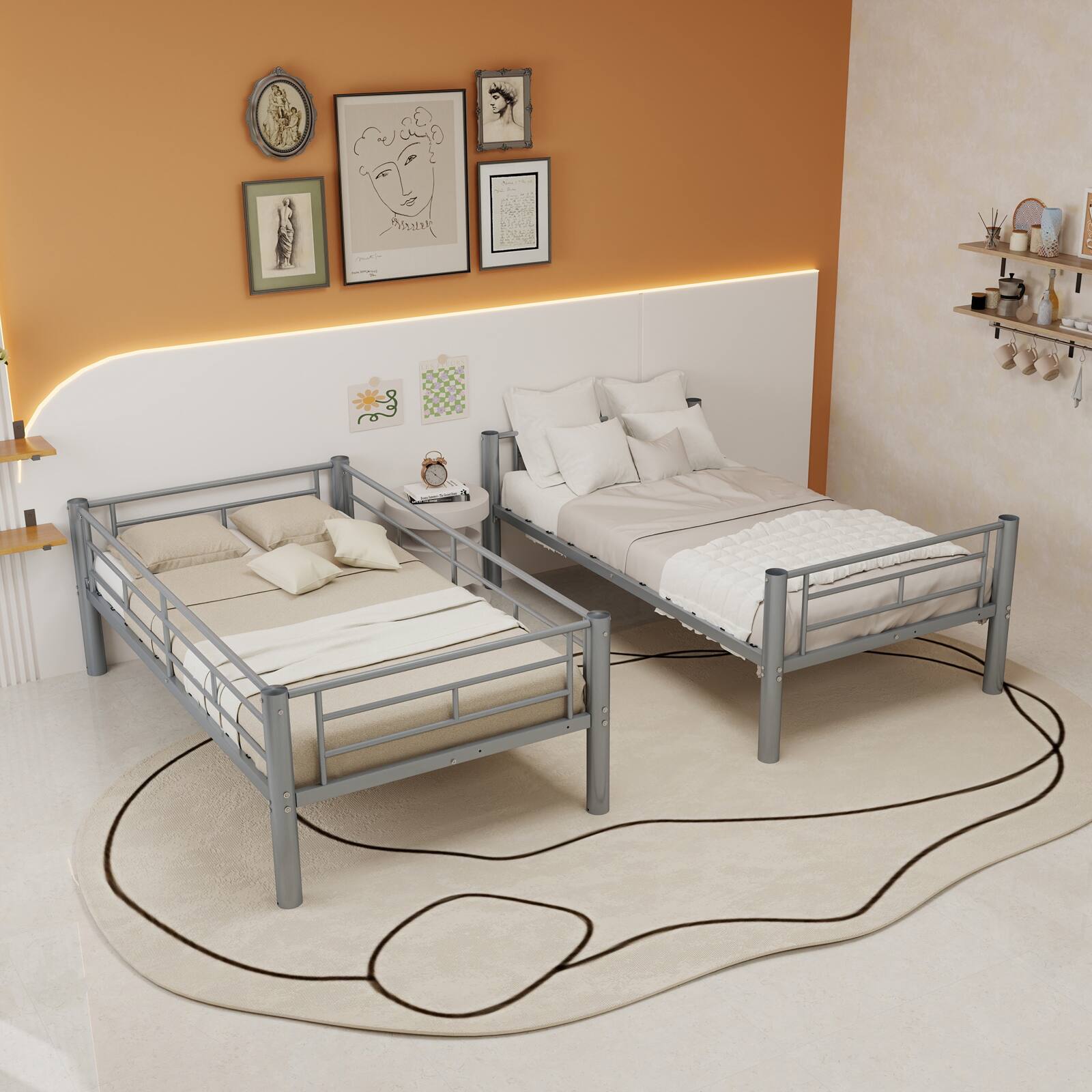 Back. Loheer - Loheer Convertible Twin Bunk Bed Frame Heavy Duty Metal Silver Space Saving Detachable Beds 400 Lbs Capacity - Silver.