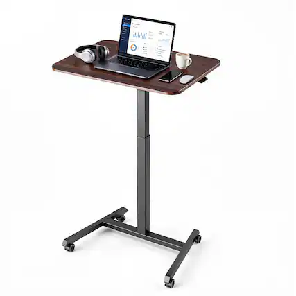 Front. VEVOR - Standing Desk, Adjustable Height Mobile Stand Up Desk with 4 Casters, 25.6 x 19 in Small Computer Sit Stand Rolling - Brown & Black.