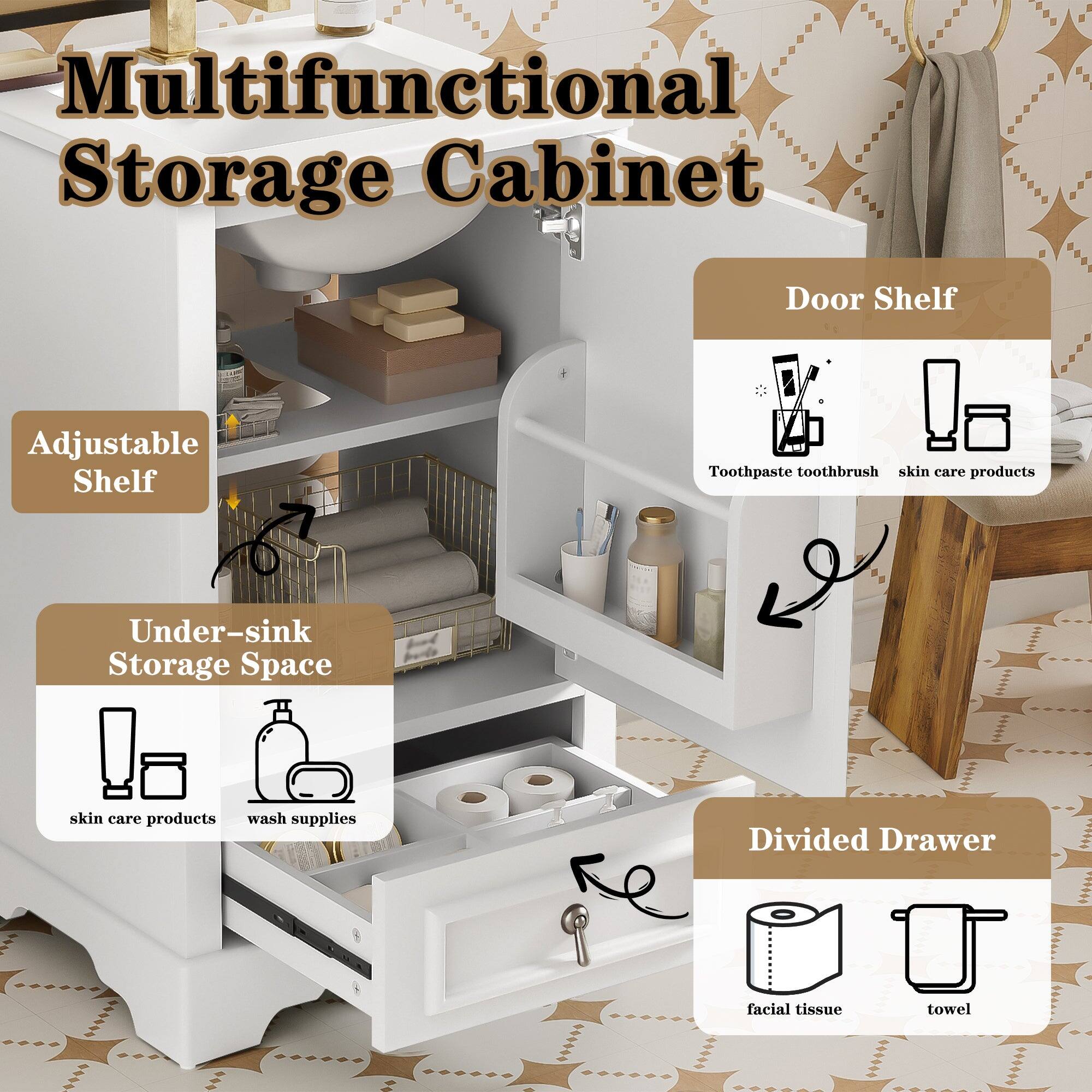 Multifunctional Storage Cabinet

Adjustable Shelf

Door Shelf
- Toothpaste
- Toothbrush
- Skin care products

Under-sink Storage Space
- Skin care products
- Wash supplies

Divided Drawer
- Facial tissue
- Towel