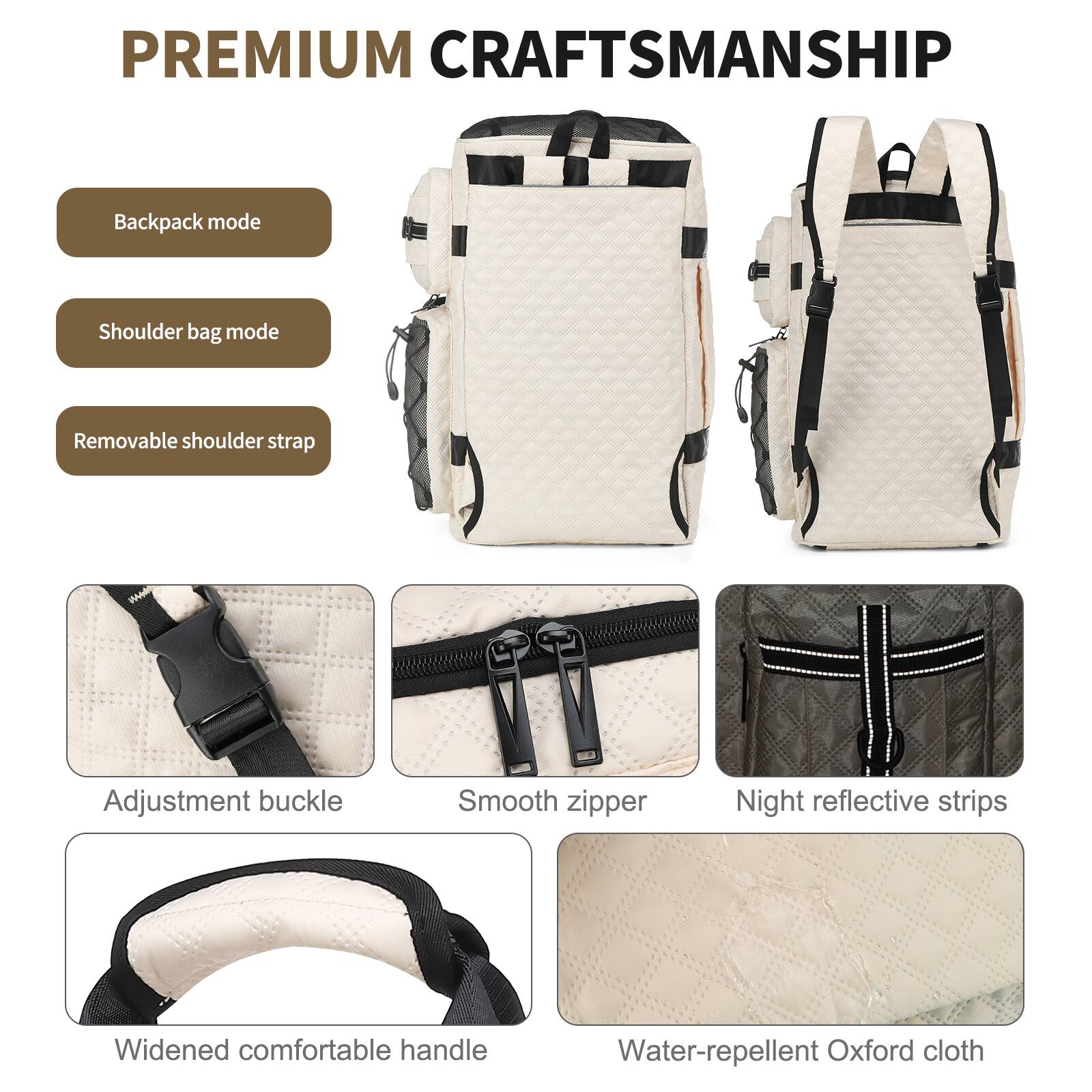 PREMIUM CRAFTSMANSHIP

- Backpack mode
- Shoulder bag mode
- Removable shoulder strap
- Adjustment buckle
- Smooth zipper
- Night reflective strips
- Widened comfortable handle
- Water-repellent Oxford cloth
