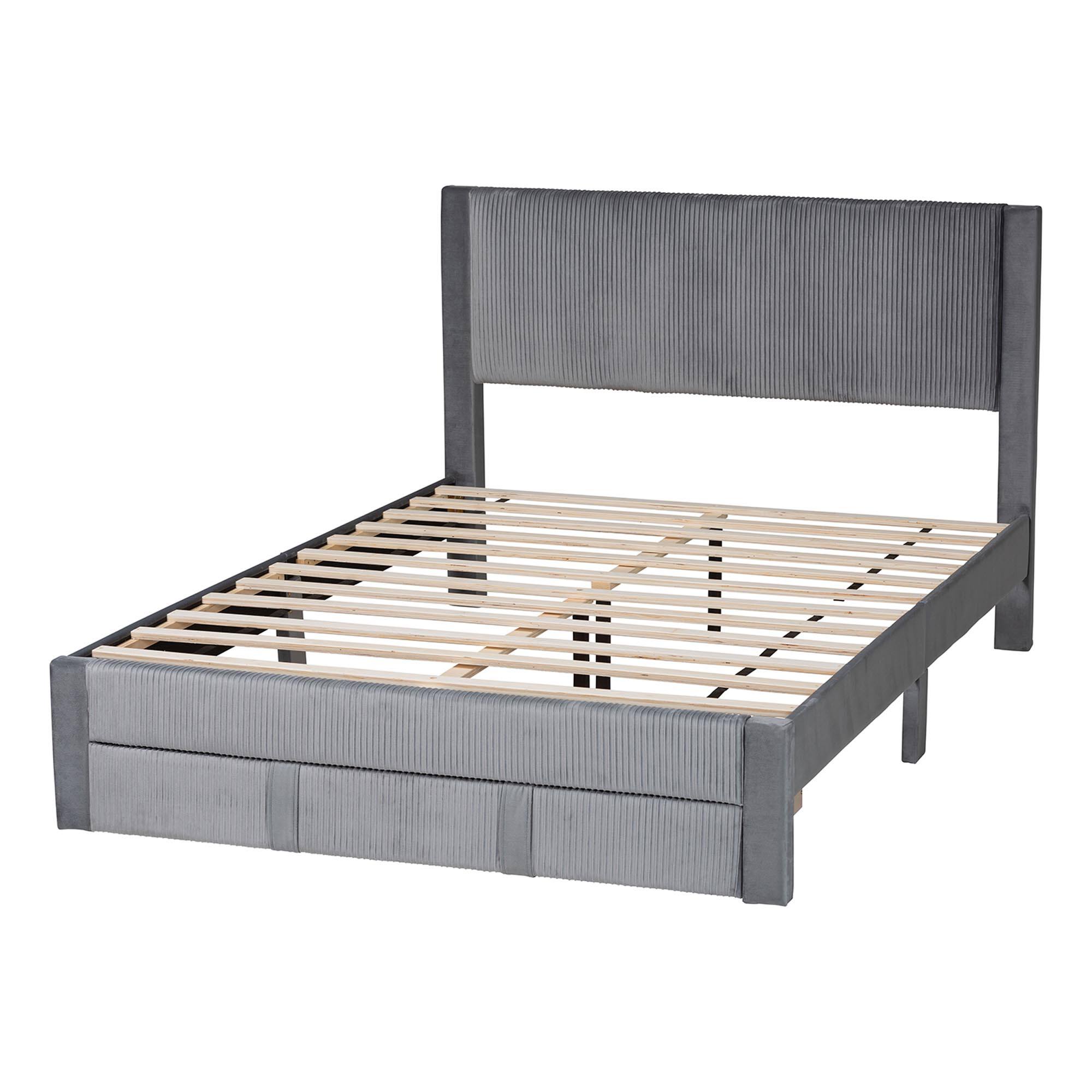 Back. Baxton Studio - Elora Modern Pleated Velvet Queen Size Storage Bed - Grey.