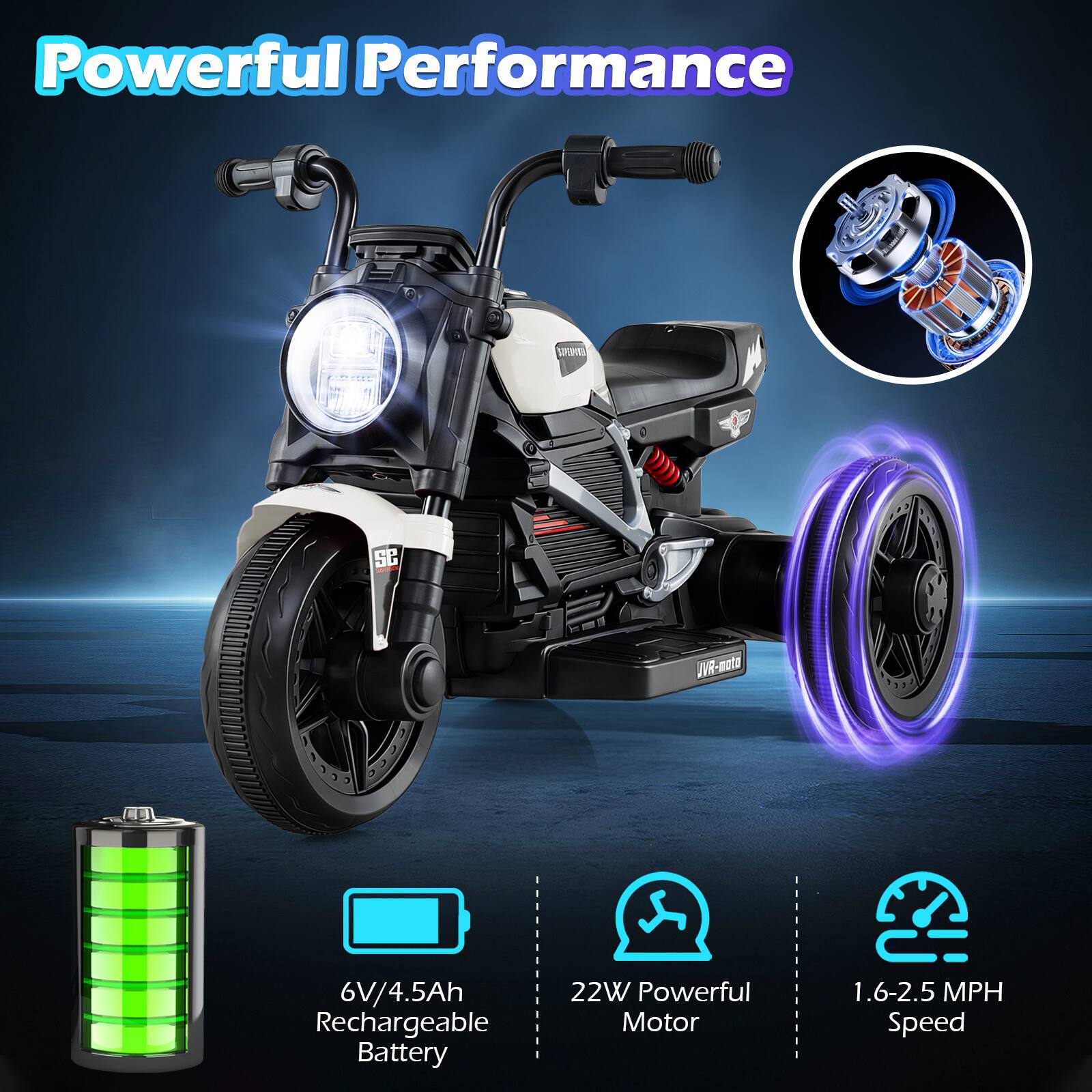 Powerful Performance

- 6V/4.5Ah Rechargeable Battery
- 22W Powerful Motor
- 1.6-2.5 MPH Speed