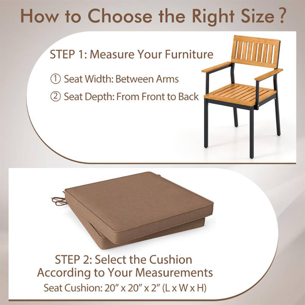 How to Choose the Right Size?

STEP 1: Measure Your Furniture
1. Seat Width: Between Arms
2. Seat Depth: From Front to Back

STEP 2: Select the Cushion According to Your Measurements
Seat Cushion: 20" x 20" x 2" (L x W x H)
