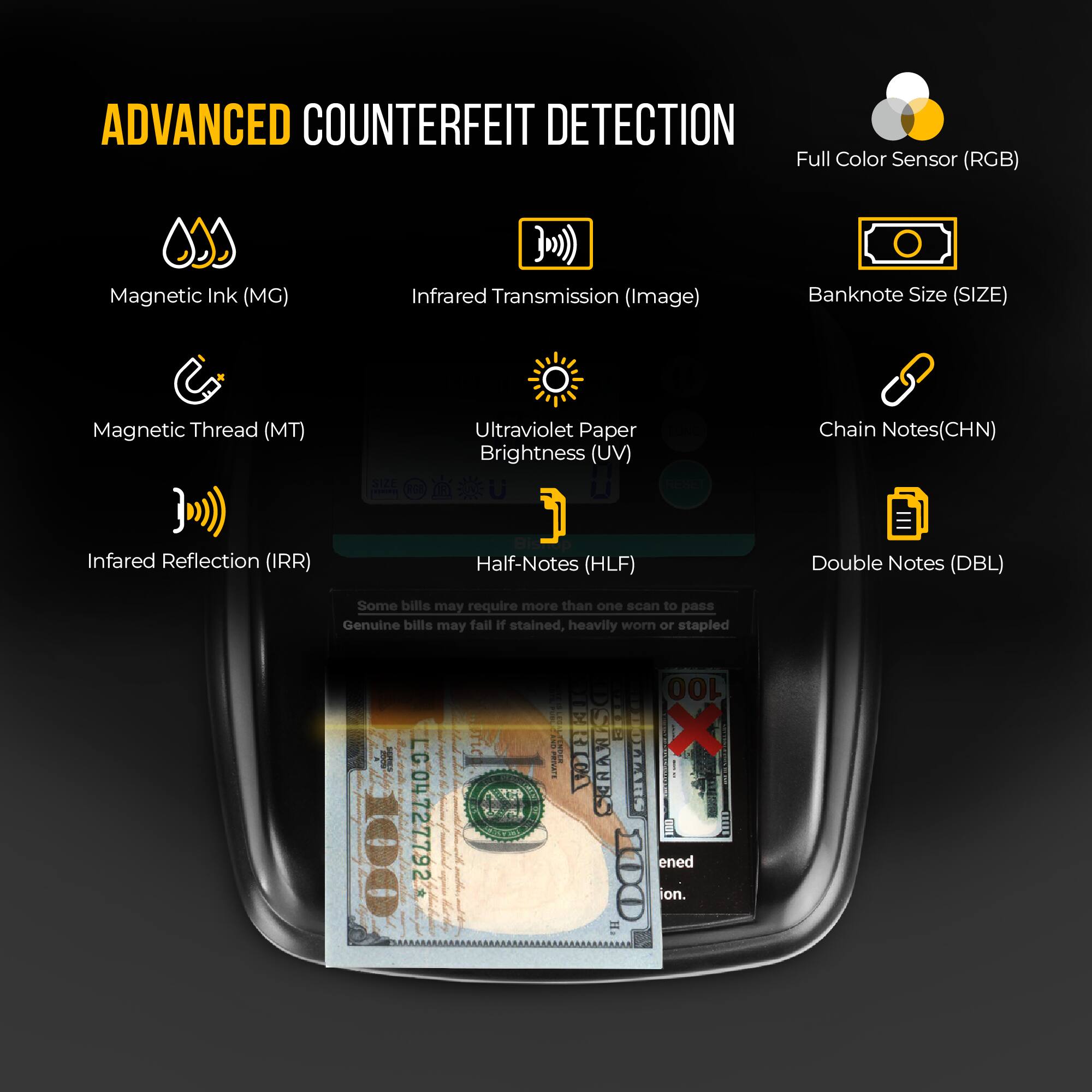 ADVANCED COUNTERFEIT DETECTION

- Full Color Sensor (RGB)
- Magnetic Ink (MG)
- Infrared Transmission (Image)
- Banknote Size (SIZE)
- Magnetic Thread (MT)
- Ultraviolet Paper Brightness (UV)
- Chain Notes(CHN)
- Infrared Reflection (IRR)
- Half-Notes (HLF)
- Double Notes (DBL)

Some bills may require more than one scan to pass  
Genuine bills may fail if stained, heavily worn or stapled

00 CC04727792  
ntC  
LNE  
100  
E : X  
RICO  
CERANK  
SHVTIO  
TLLIS  
100  
on. .