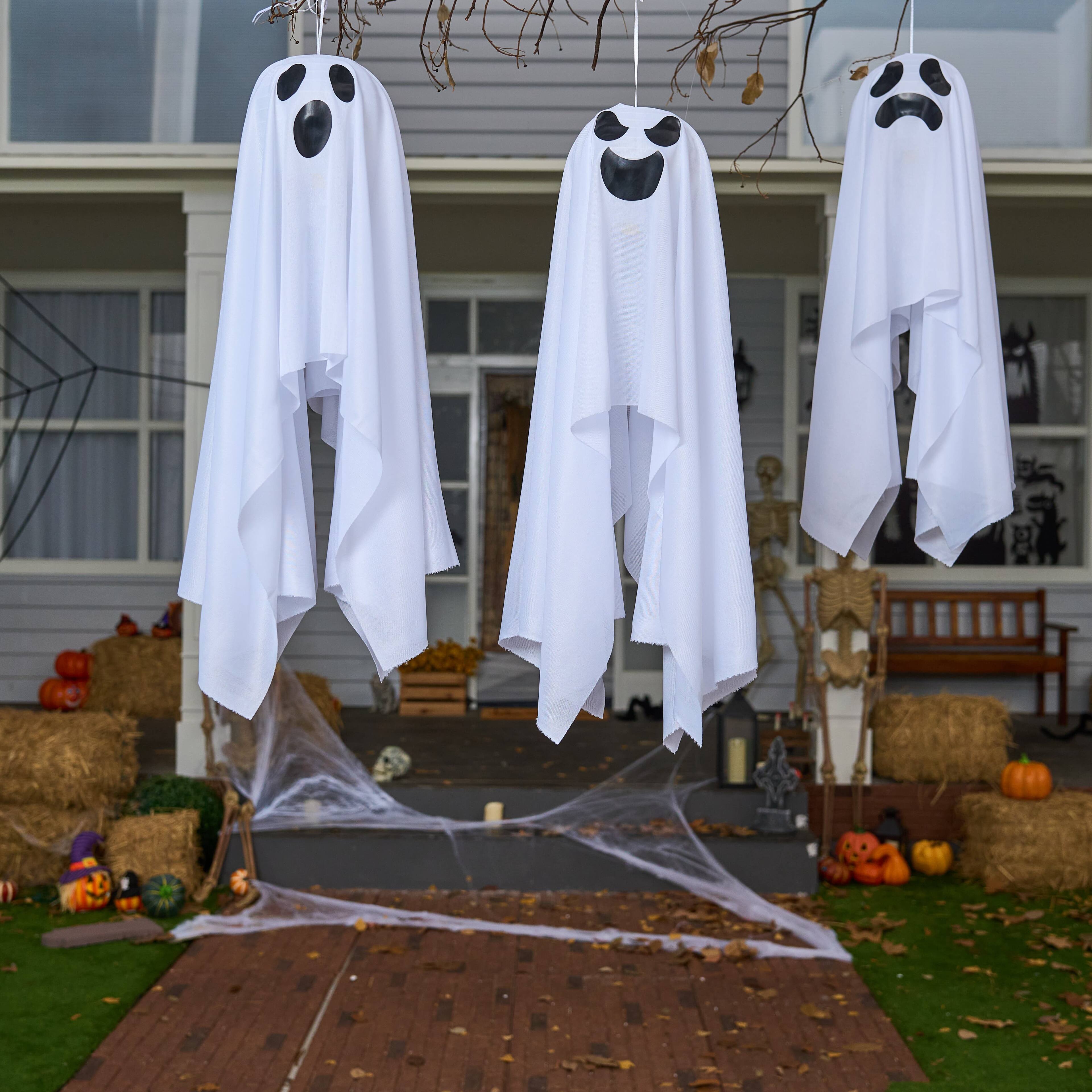 Angle. Joyfy - 6 Pcs 27.5" Light-Up Hanging Ghosts Warm LED Flying Ghost Decor for Halloween Outdoor, Tree, Yard, Patio, Lawn & Garden - white.