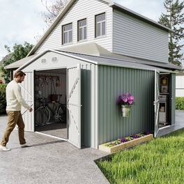 Loheer - 10x12 Metal Storage Shed White Outdoor Garden Tool Shed with Lockable Doors and Sloped Roof for Backyard