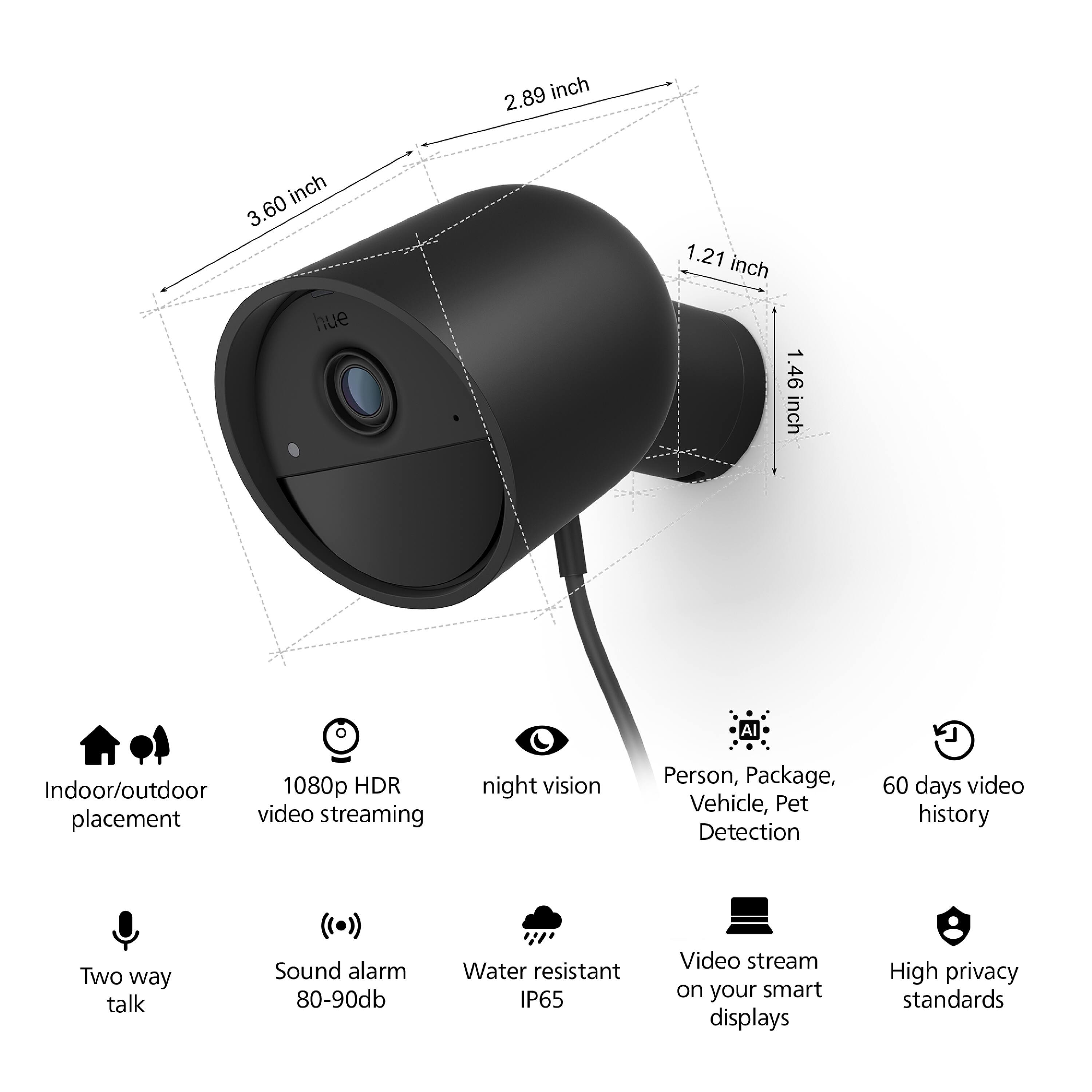 The image features a camera with a detailed description of its features. The camera is 2.89 inches in size and has a 3.60 inch lens. It offers 1080p HDR resolution and is suitable for both indoor and outdoor use. The camera has a night vision feature, allowing for clear visibility even in low light conditions. It also offers two-way talk functionality, enabling users to communicate with people outside the camera's view.

Additionally, the camera has a sound alarm that can be set at 80-90db, providing an extra layer of security. It is water resistant with an IP65 rating, ensuring that it can withstand various weather conditions. The camera also offers video streaming capabilities, allowing users to view their footage on smart displays. Lastly, the camera is designed with high privacy standards in mind, ensuring that users' data is secure.