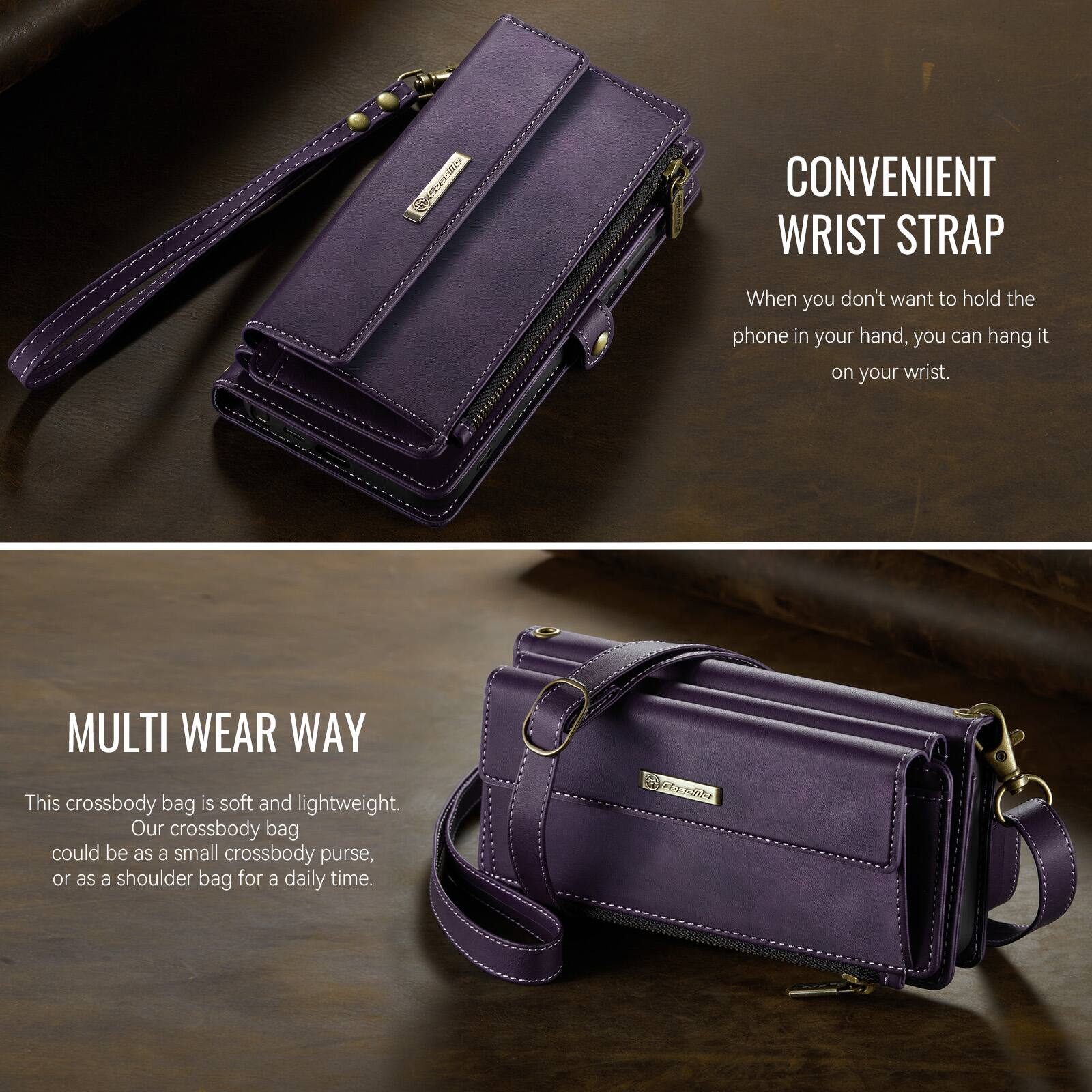 CONVENIENT WRIST STRAP  
When you don't want to hold the phone in your hand, you can hang it on your wrist.  

MULTI WEAR WAY  
This crossbody bag is soft and lightweight. Our crossbody bag could be as a small crossbody purse, or as a shoulder bag for a daily time.