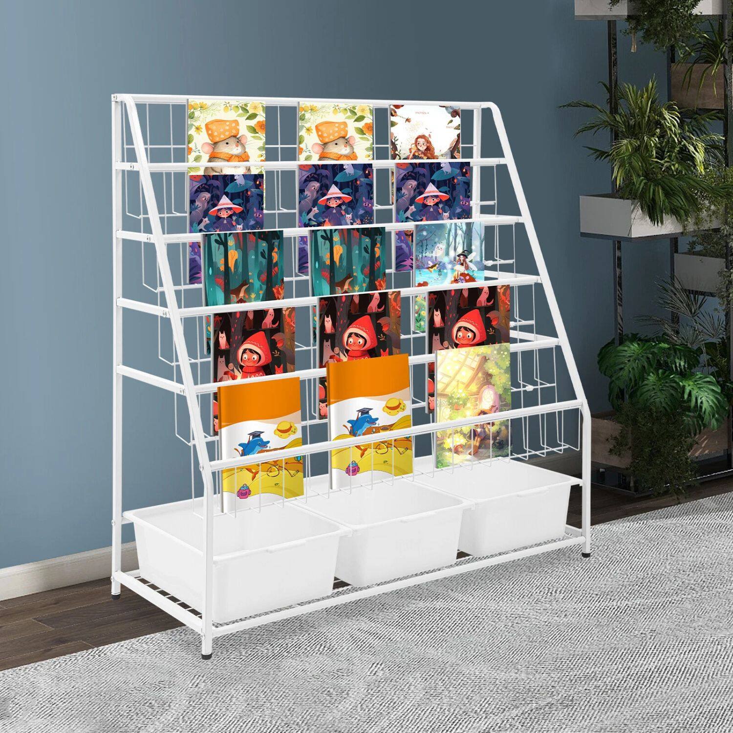 Alt View 1. Home Collection - 5-Tier Iron Bookcase – Bookshelf Storage & Display Rack - White.