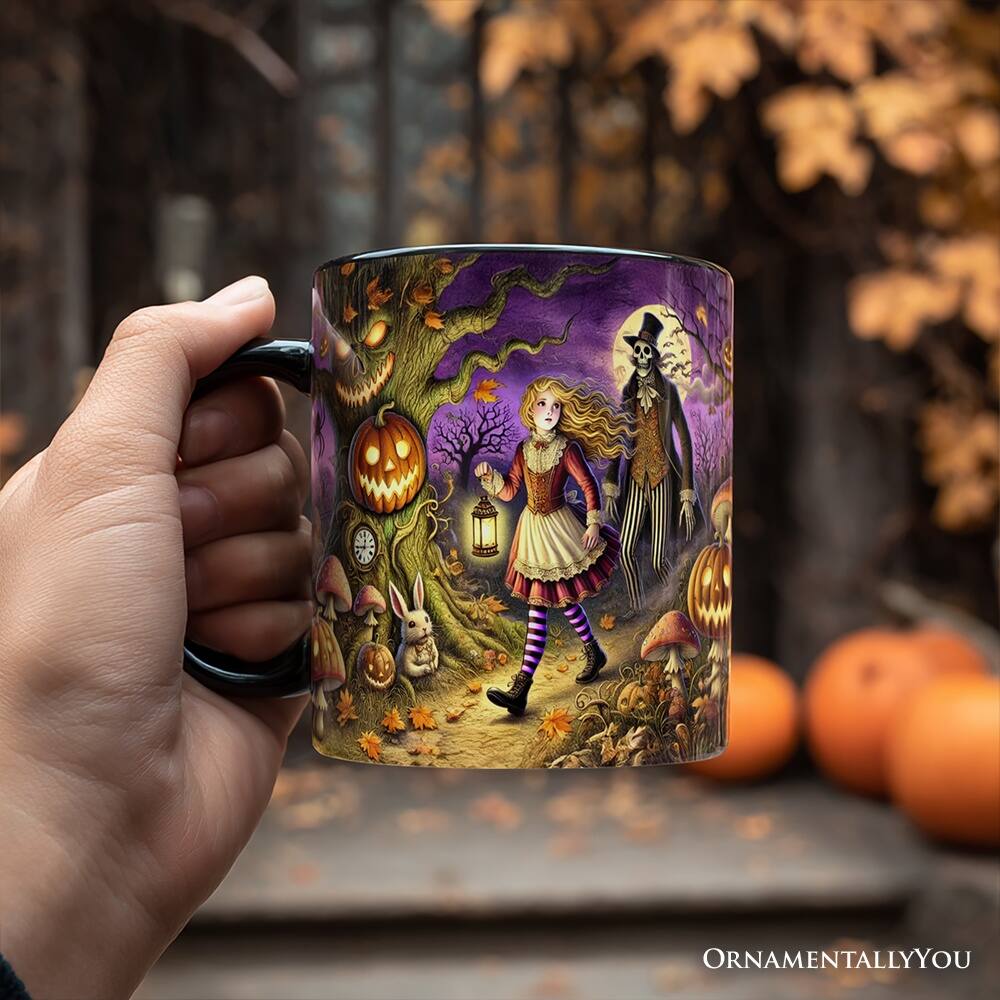 Left. OrnamentallyYou - Spooky Parable Alice’s Adventure in Wonderland Mug, Halloween Ceramic Gift - Black.