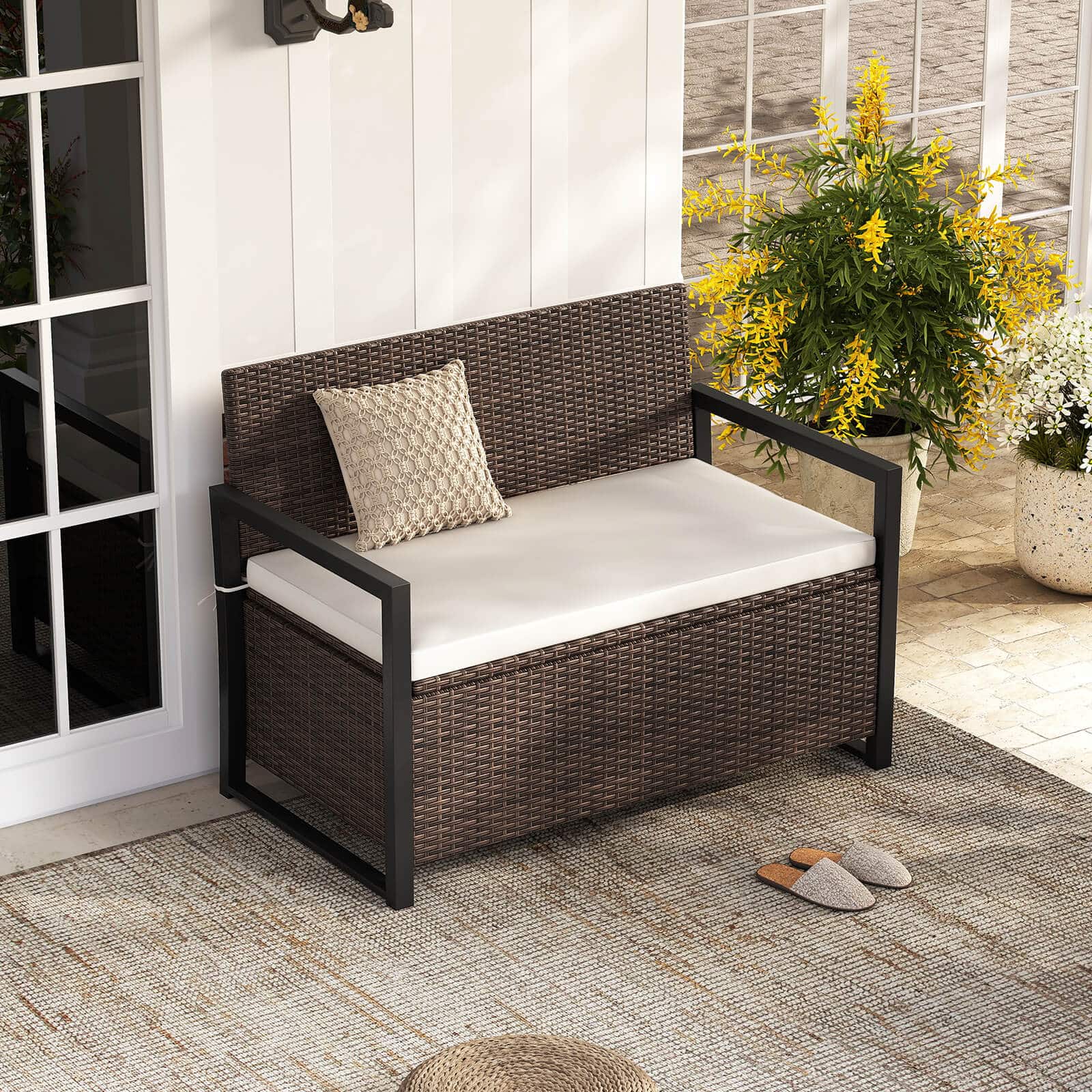 Costway - Patio Storage Bench Wicker Loveseat with Built-in Storage & Long Seat Cushion - Brown