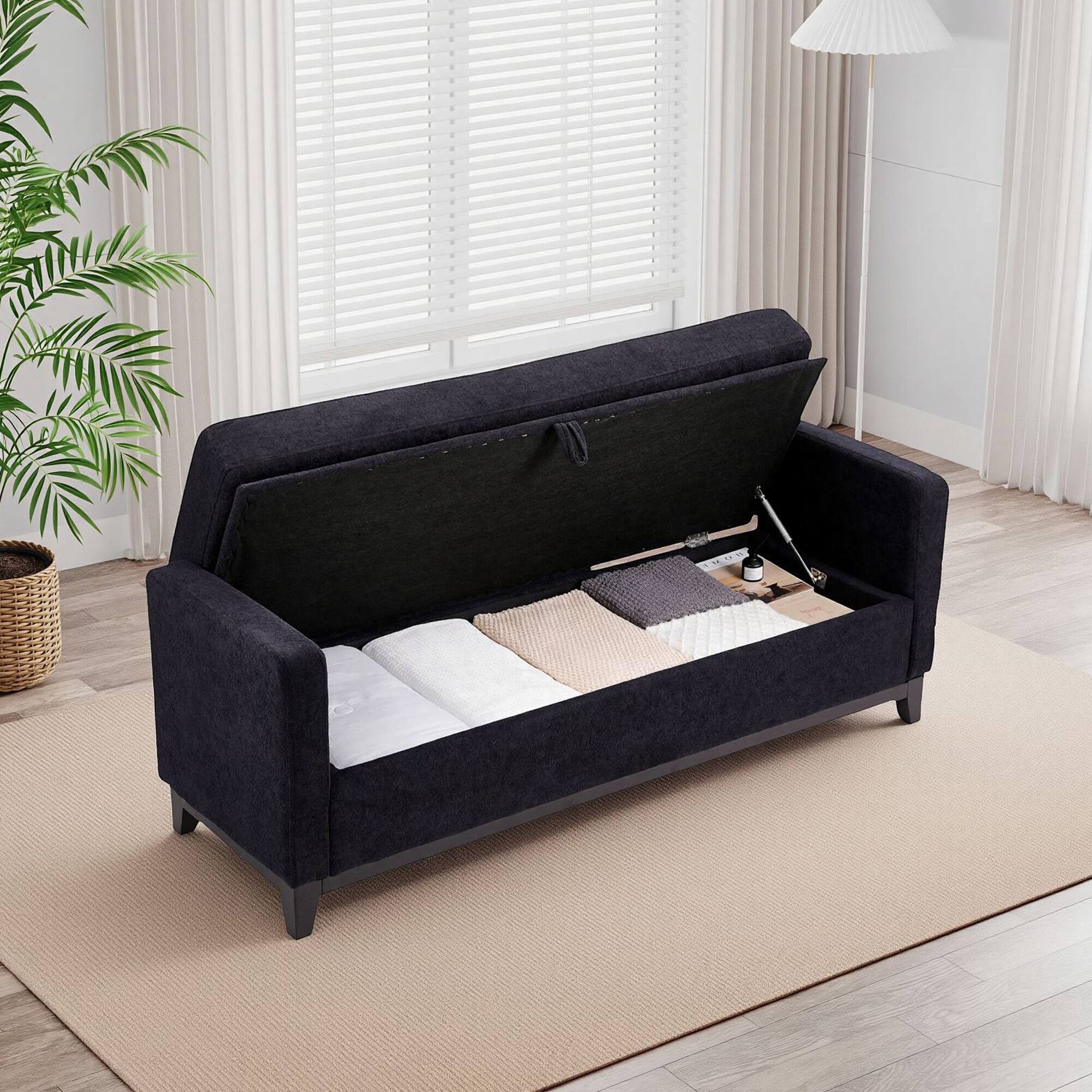Front. Ropilly - Ropilly 66 Inch Black Sherpa Storage Bench, Upholstered End of Bed Bench with Wood Legs - Black.