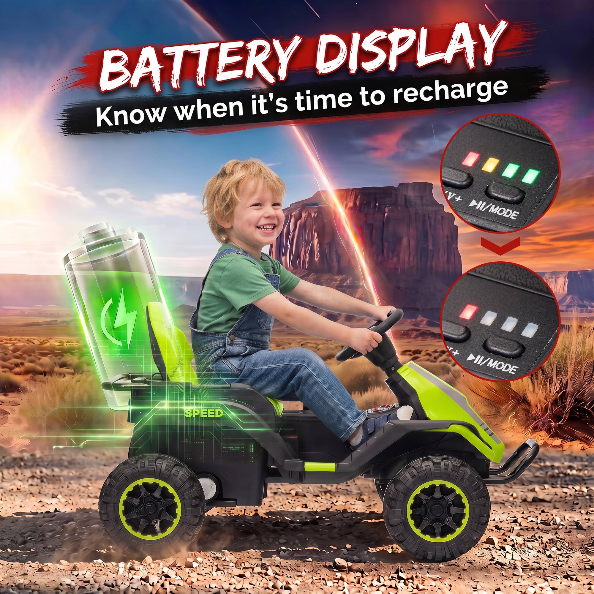 BATTERY DISPLAY  
Know when it's time to recharge  

V+ DII/MODE  
SPEED