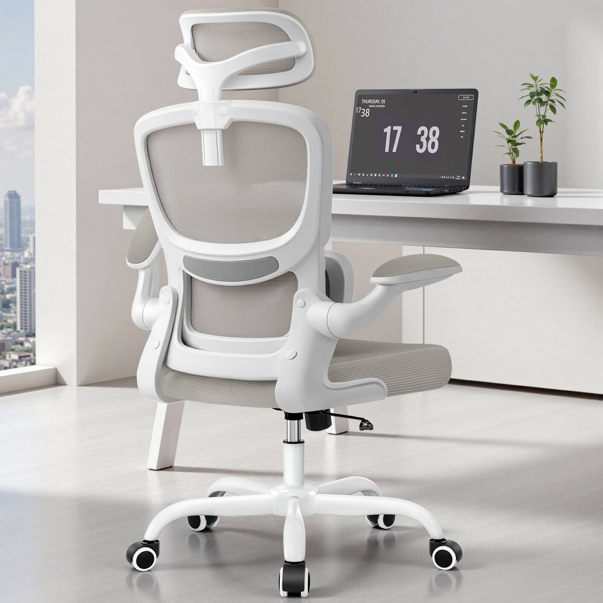 KERDOM - High Back Ergonomic Office Chair, Breathable Mesh Desk Chair with Lumbar Support, Flip-up Arms, Computer Gaming Chair - Light Gray price history on PriceWatchPro