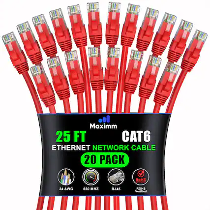 Maxim 25 FT CAT6 Ethernet Network Cable 20 Pack RoHS Compliant 24 AWG 550 MHz RJ45 RoHS Verified