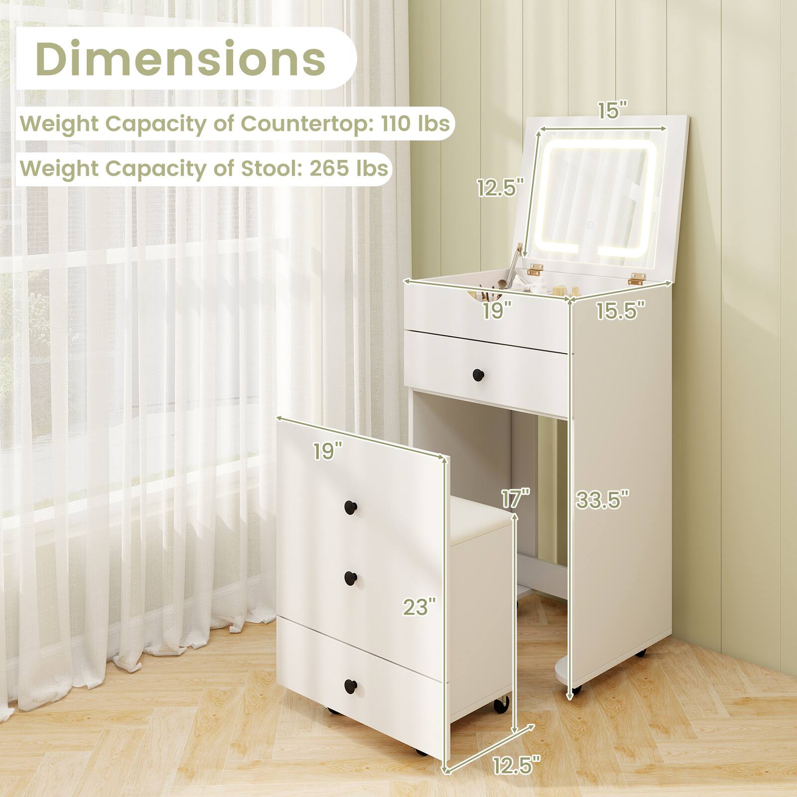 Dimensions  
Weight Capacity of Countertop: 110 lbs  
Weight Capacity of Stool: 265 lbs  

12.5"  
15"  
19"  
15.5"  
17"  
33.5"  
23"  
12.5"