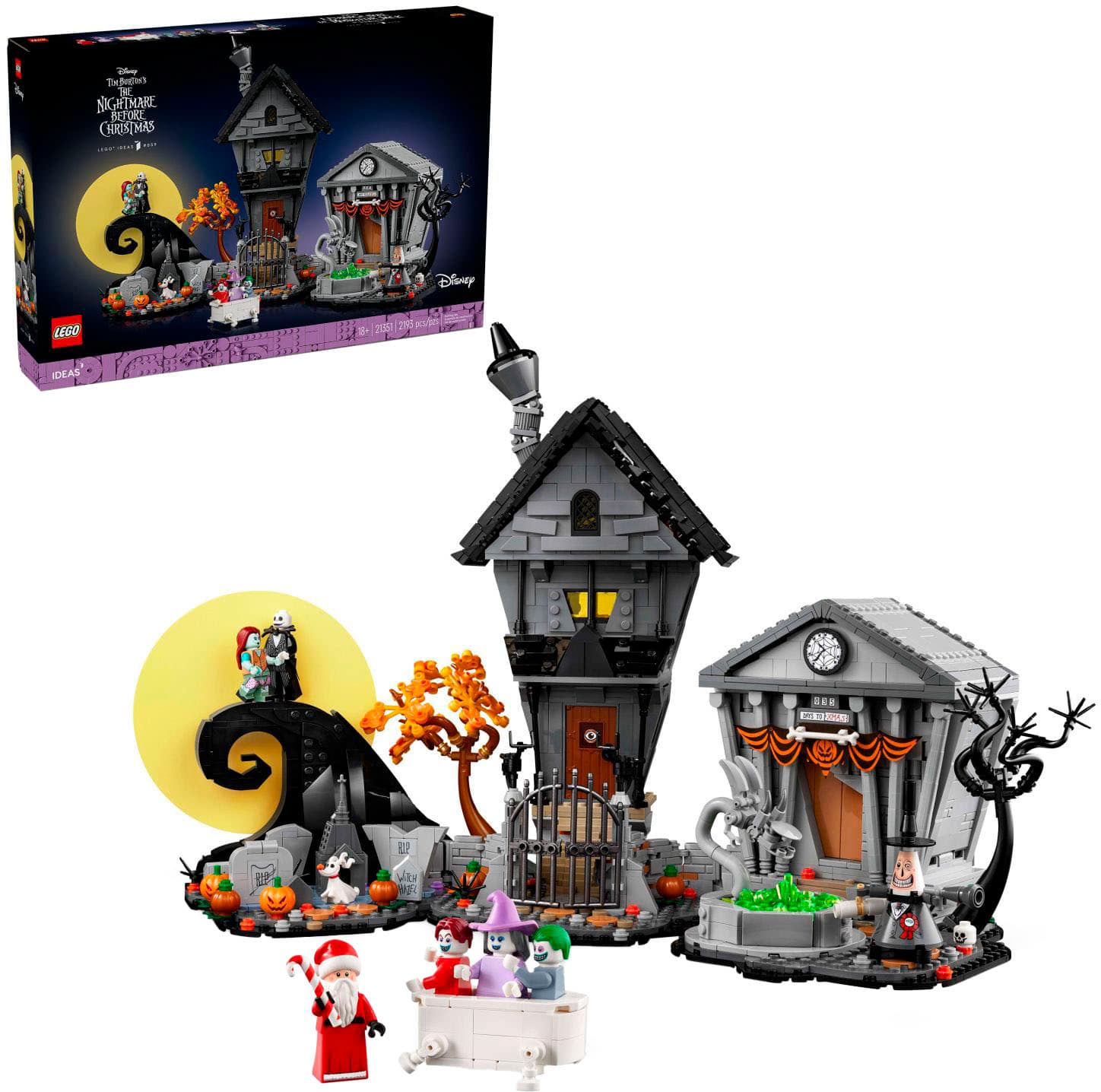 The image features a Halloween-themed LEGO set, which includes a haunted house, a graveyard, and a clock tower. The set also features a Santa Claus figure, indicating a mix of Halloween and Christmas elements. The LEGO set is designed for children and is part of the Disney LEGO Ideas series.