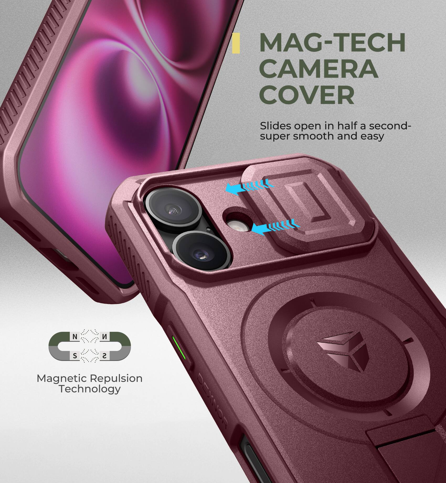 MAG-TECH CAMERA COVER Slides open in half a second- super smooth and easy
Magnetic Repulsion Technology
