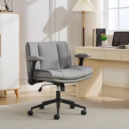 Front. Akoasm - Leather Cross Legged Office Chair Ergonomic Desk Chair with Flip-Up Armrests, Wheels for Home Office, Vanity-Grey - Grey.