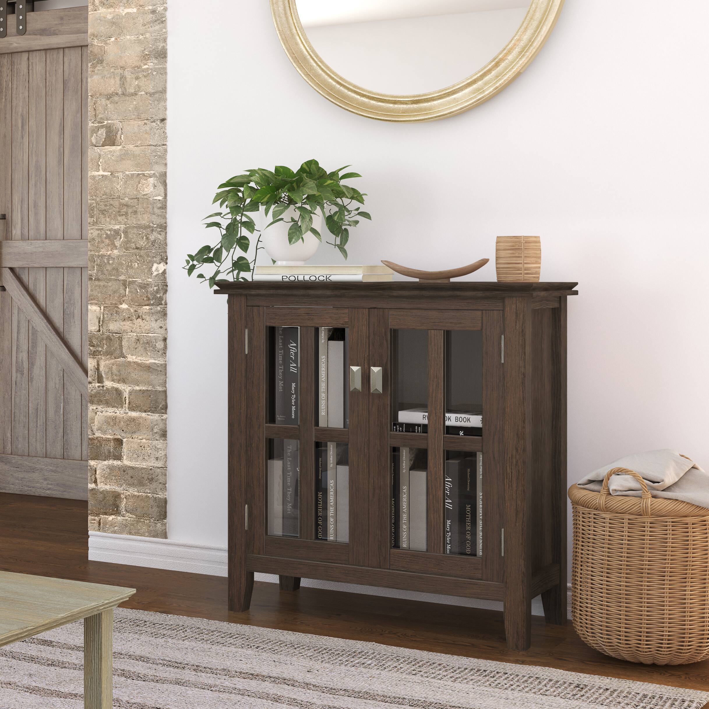 Left. Simpli Home - Artisan Low Storage Cabinet - Farmhouse Brown.