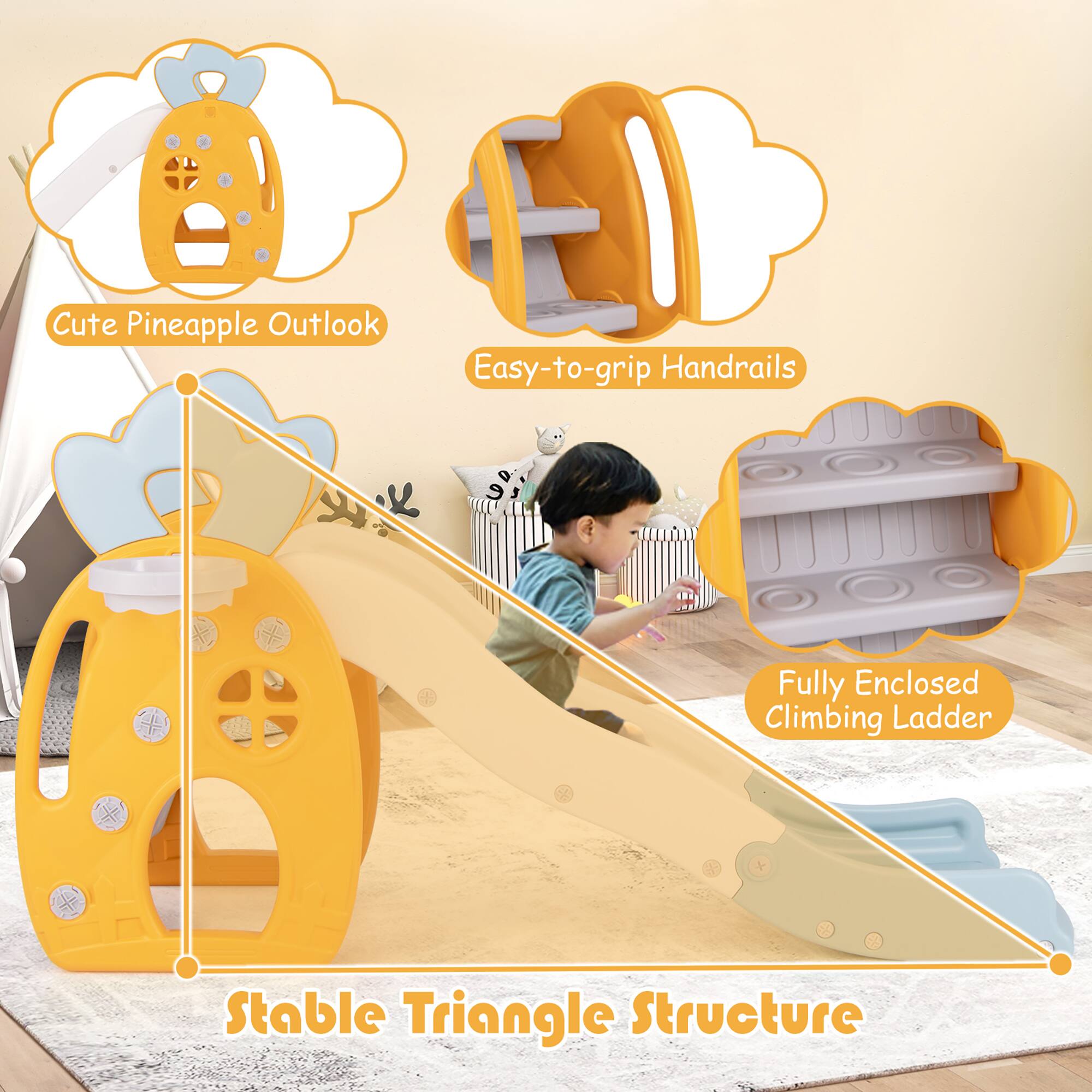 - Cute Pineapple Outlook
- Easy-to-grip Handrails
- Fully Enclosed Climbing Ladder
- Stable Triangle Structure