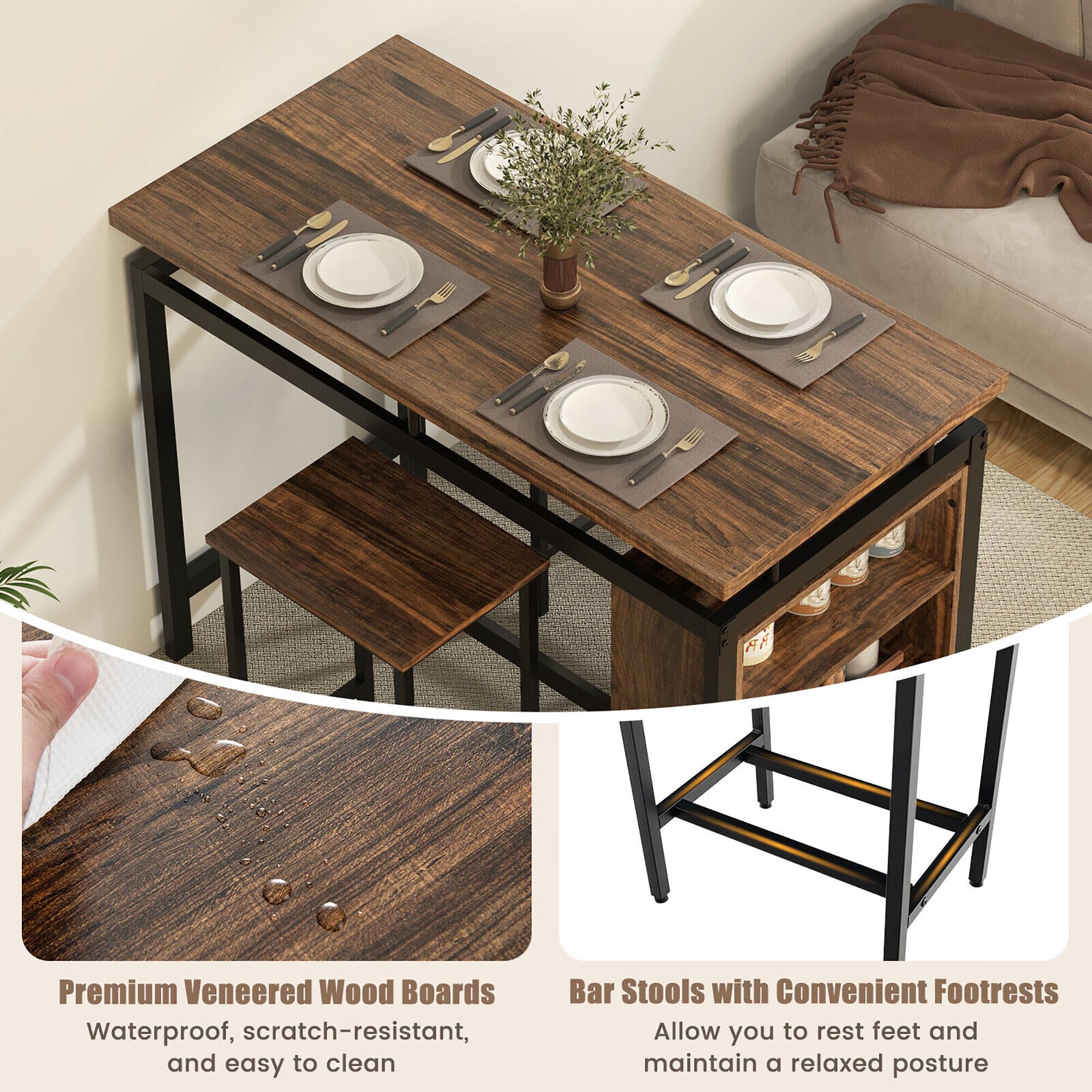 Premium Veneered Wood Boards  
Waterproof, scratch-resistant, and easy to clean  

Bar Stools with Convenient Footrests  
Allow you to rest feet and maintain a relaxed posture