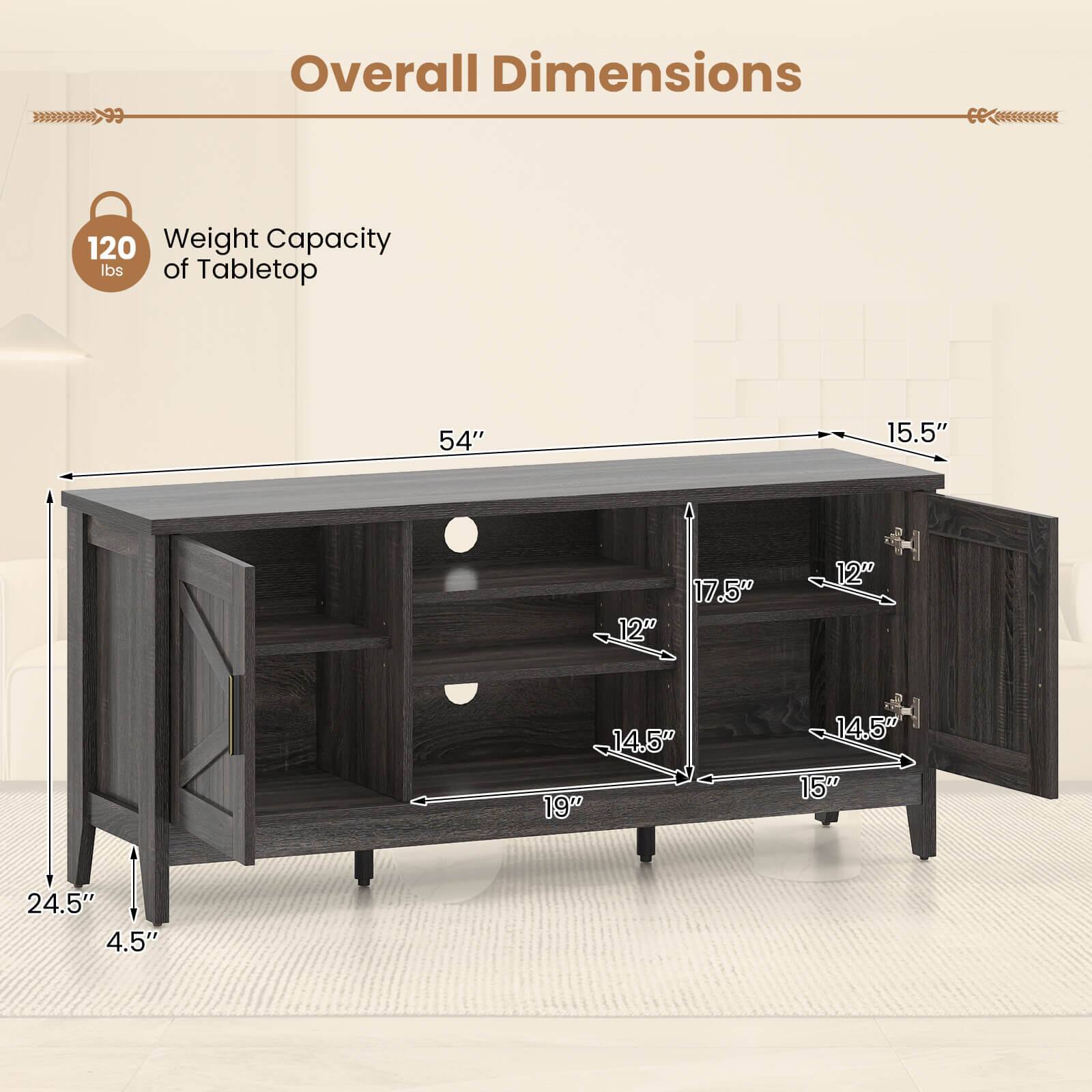 Overall Dimensions

Weight Capacity of Tabletop: 120 lbs

- Length: 54"
- Depth: 15.5"
- Height: 24.5"
- Shelf 1: 17.5" (width) x 12" (depth)
- Shelf 2: 14.5" (width) x 15" (depth)
- Shelf 3: 14.5" (width) x 19" (depth)
- Side Cabinet: 15" (width) x 12" (depth)
- Height from floor: 4.5"