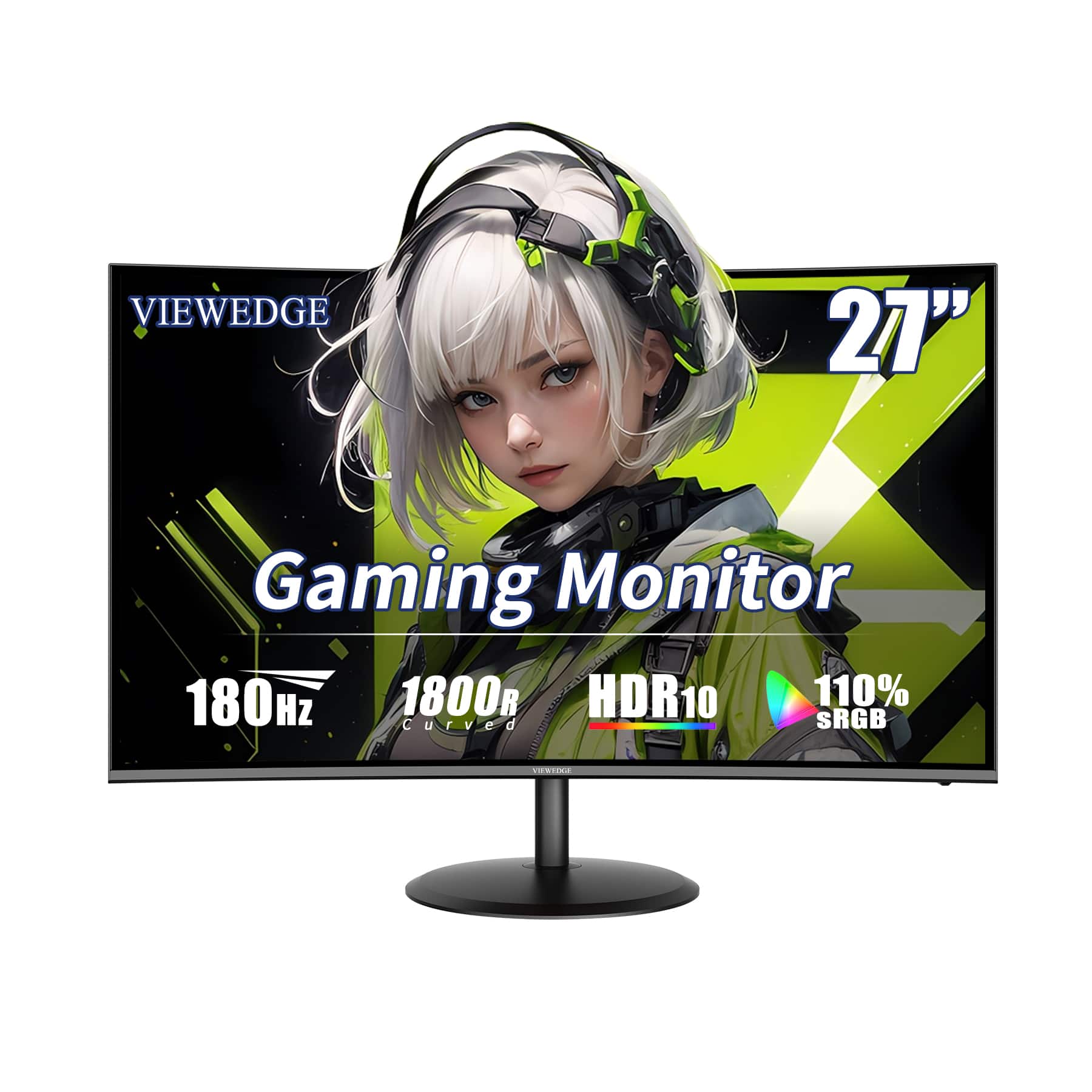Viewedge - 27" Curved Gaming Monitor, 180Hz FHD 1080P VA Panel, 1ms, FreeSync, HDMI & DisplayPort, Built-in Speakers - Black