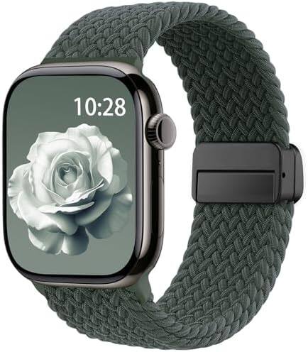 Alt View 5. Core Tech - Braided Stretchy Magnetic Watch Band for Apple Watch 44/45/46/49mm & 42mm Series 1-3 - Dark Olive.