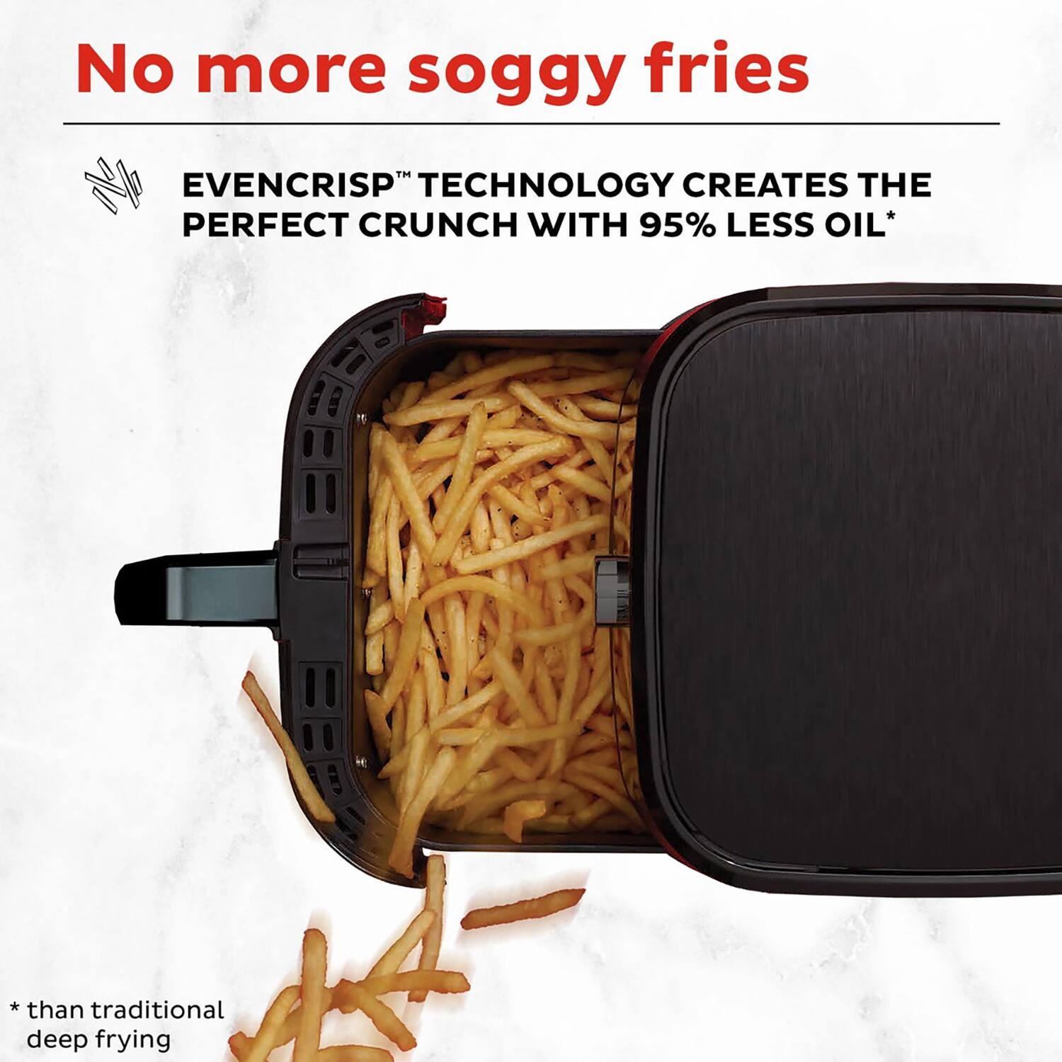 No more soggy fries

EVENCRISP™ TECHNOLOGY CREATES THE PERFECT CRUNCH WITH 95% LESS OIL*

* than traditional deep frying