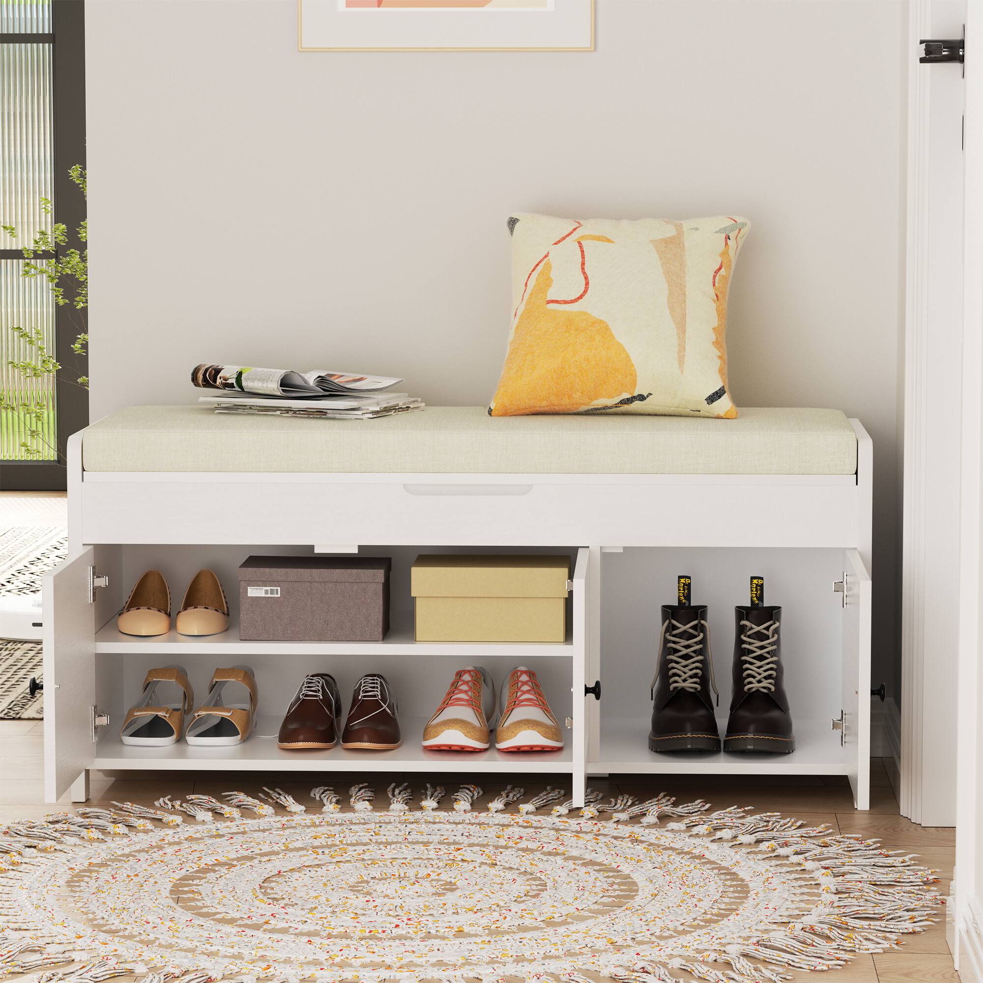 Angle. LOVMOR - 43.5-in W x 20-in H x 16-in D White Storage Bench for Entryway with Cushion and Hidden Storage - White.
