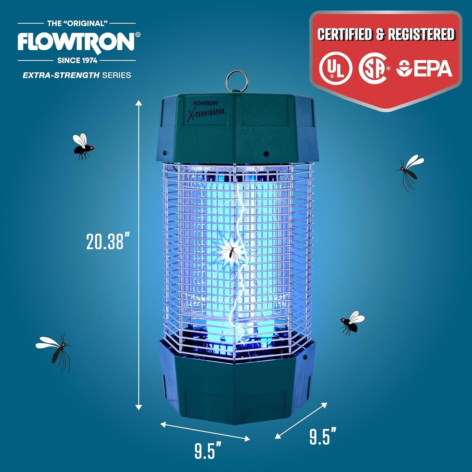 THE "ORIGINAL" FLOWTRON SINCE 1974 EXTRA-STRENGTH SERIES CERTIFIED & REGISTERED UL SA EPA ROWTRON TERMINATOR 20.38" 9.5" 9.5"